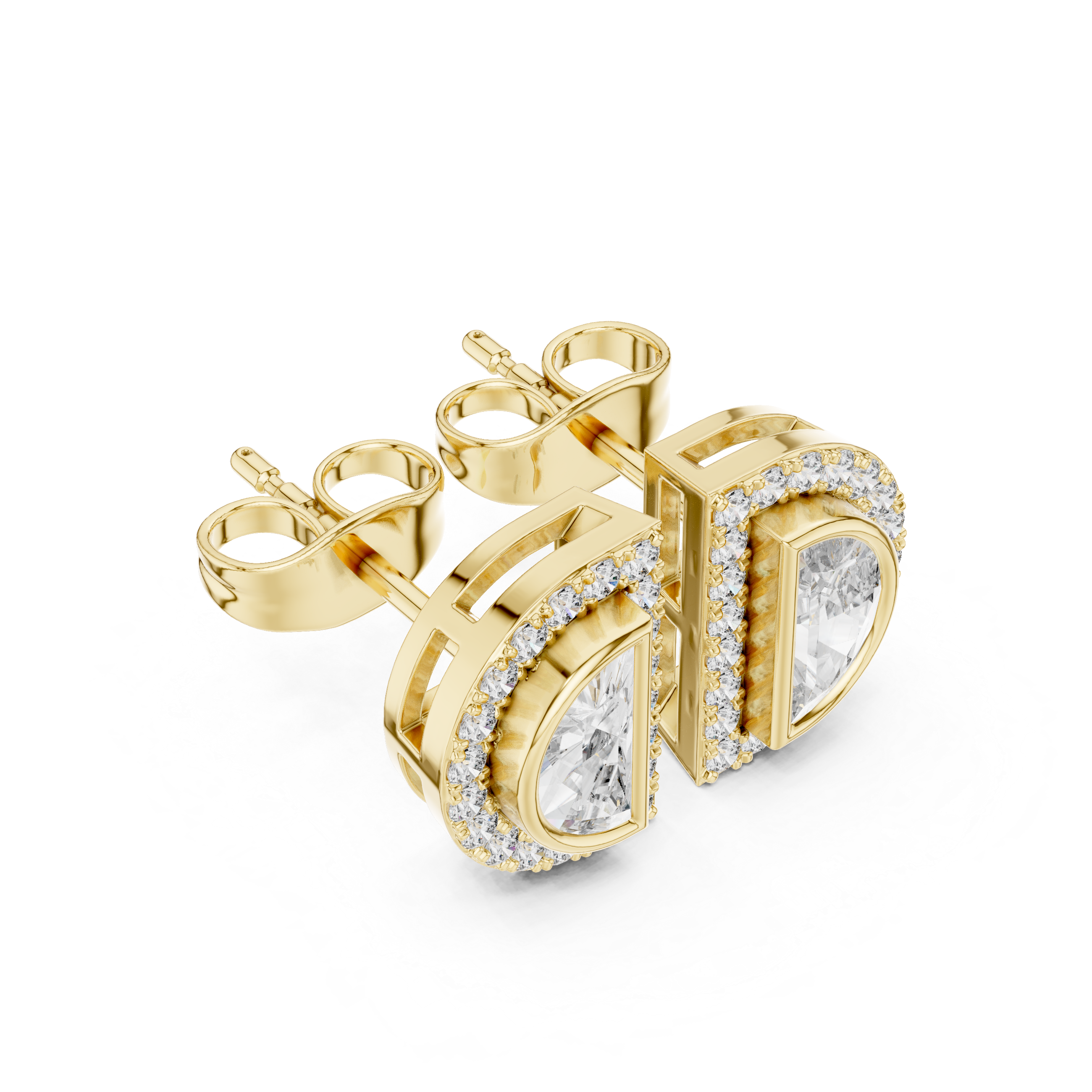 Half Moon Diamond Stud Earrings – Double Halo Geometric Design