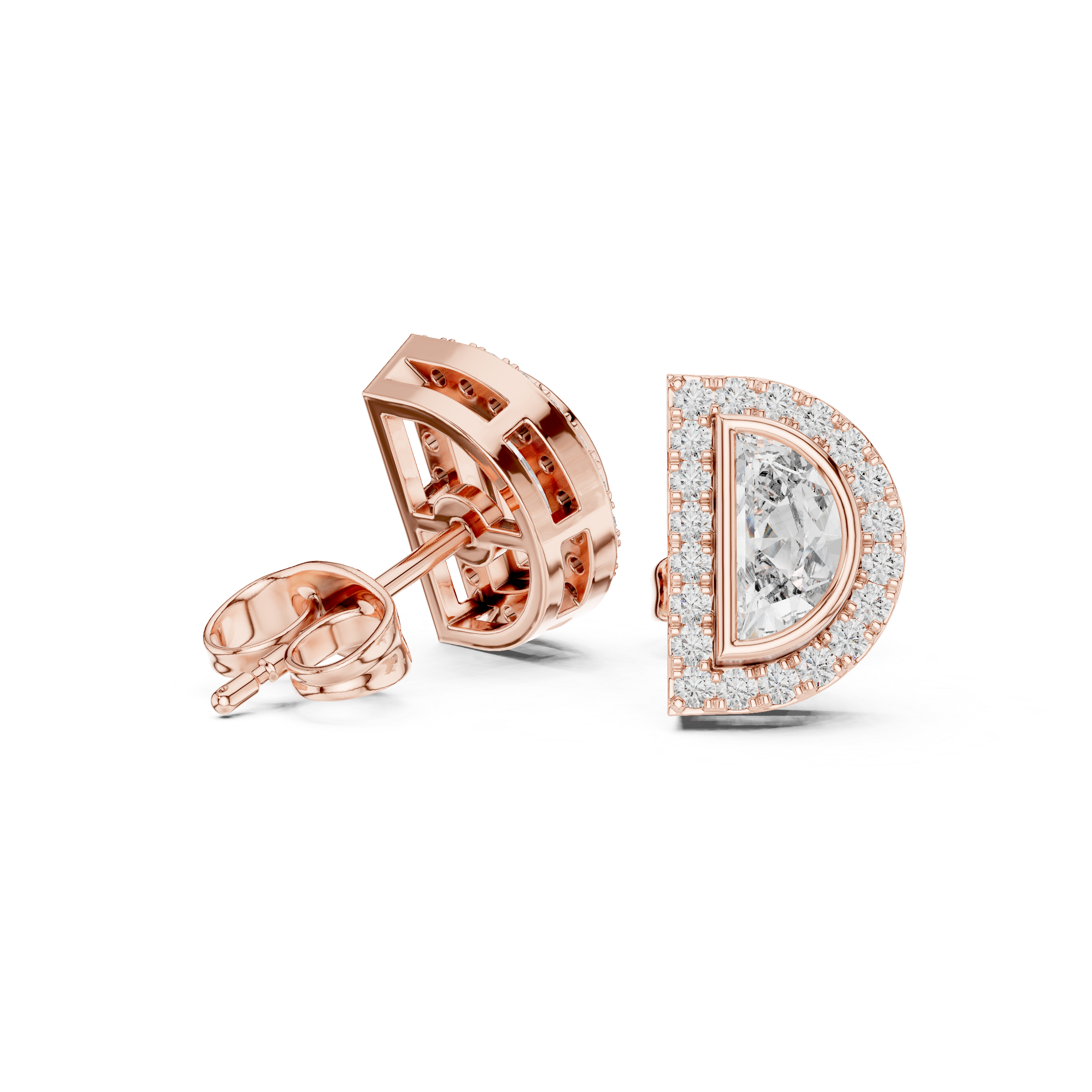 Half Moon Diamond Stud Earrings – Double Halo Geometric Design