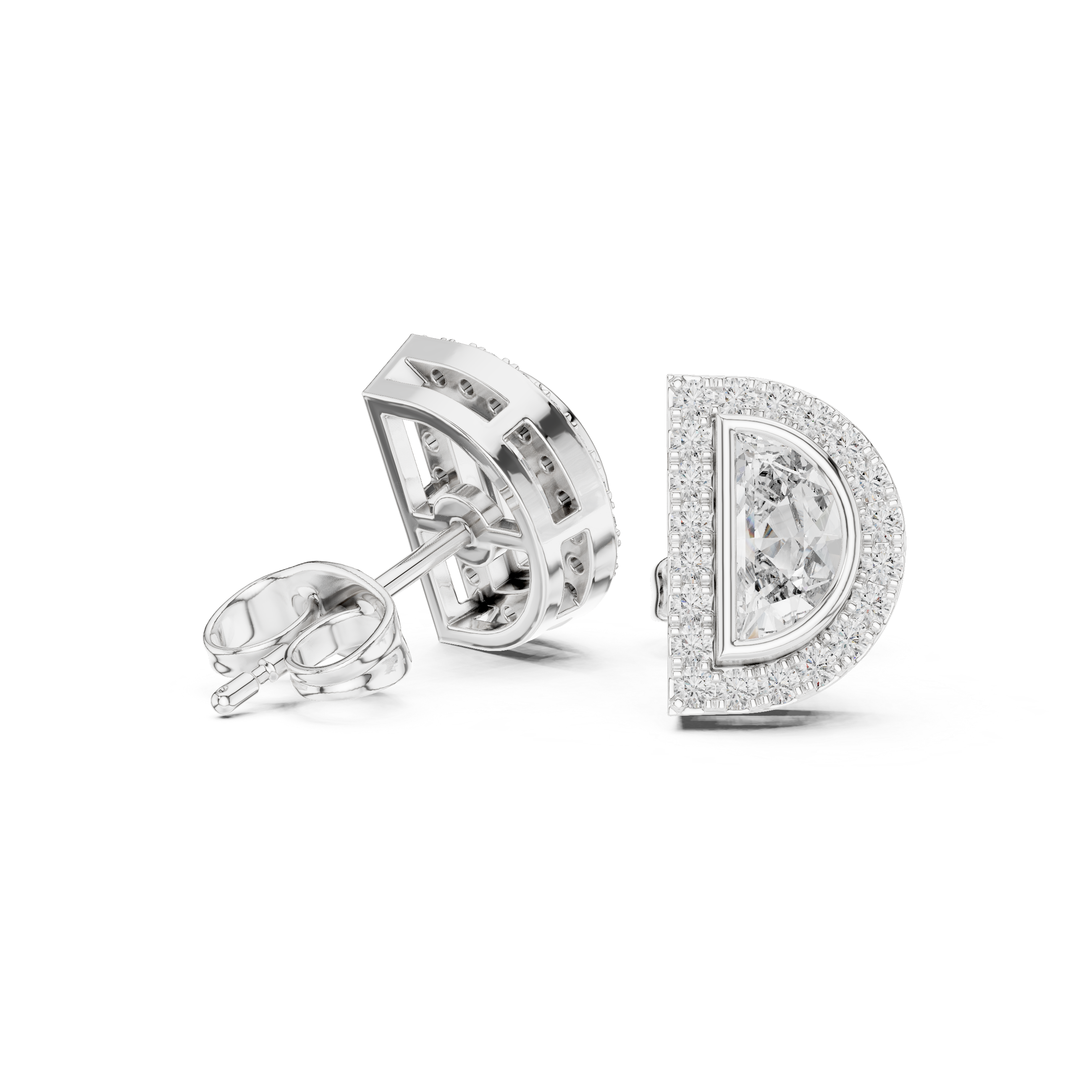 Half Moon Diamond Stud Earrings – Double Halo Geometric Design