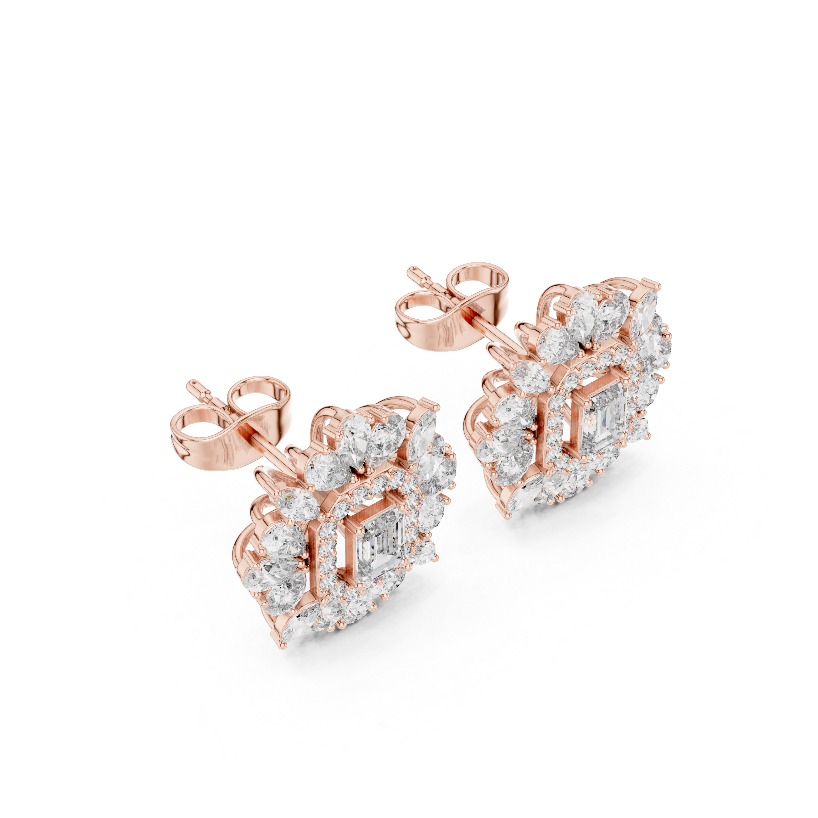 Emerald-Cut Halo Floral Diamond Stud Earrings – Vintage Bloom Design