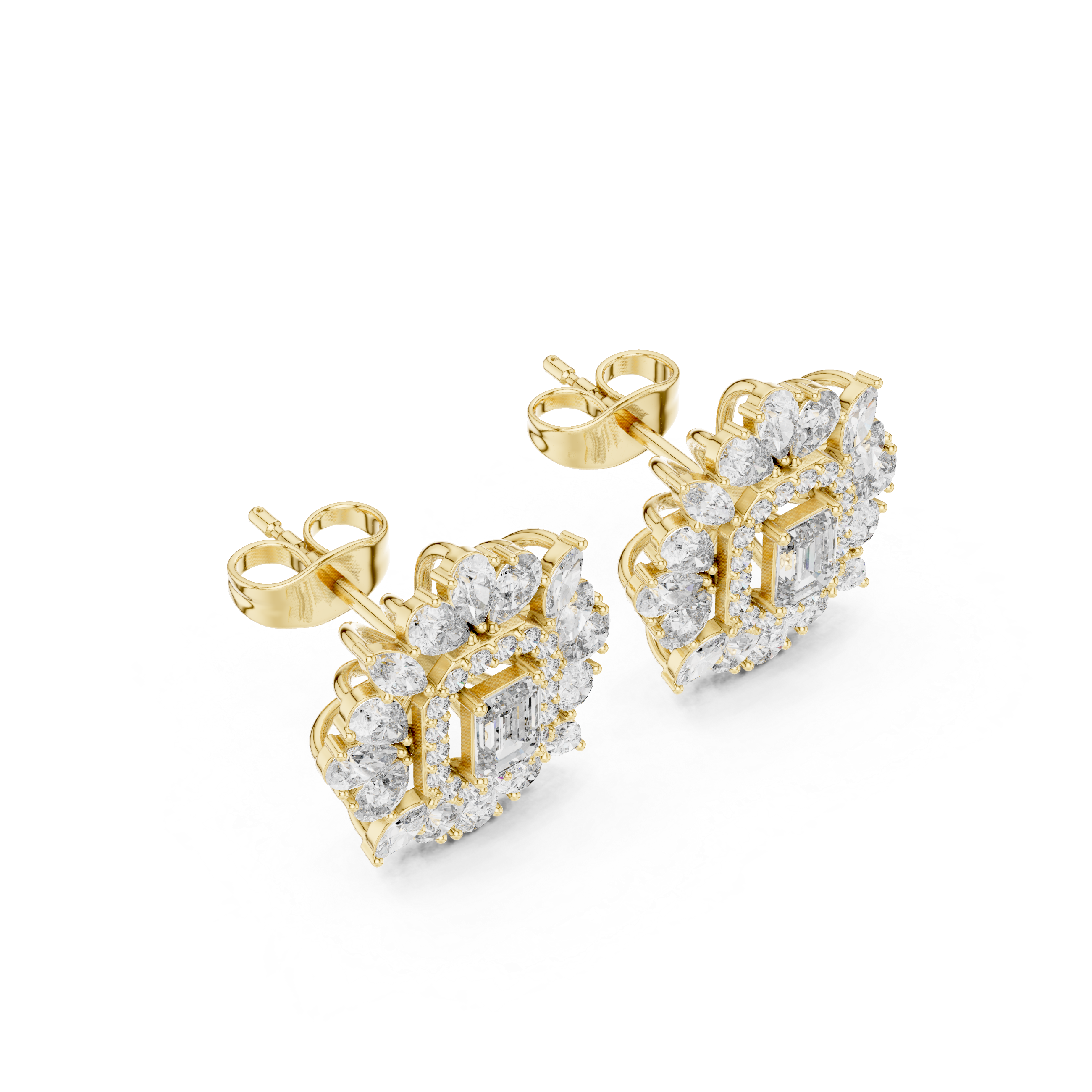 Emerald-Cut Halo Floral Diamond Stud Earrings – Vintage Bloom Design