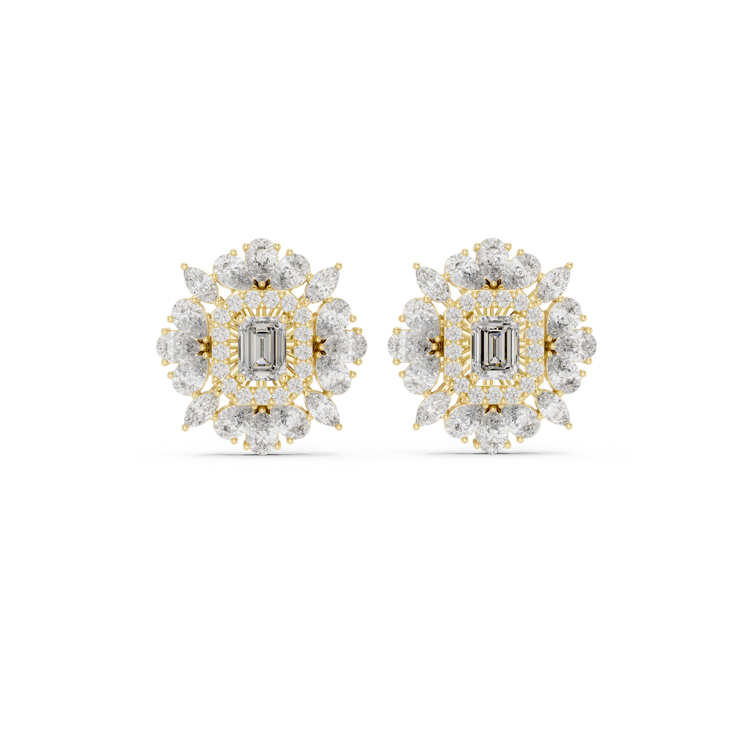 Emerald-Cut Halo Floral Diamond Stud Earrings – Vintage Bloom Design