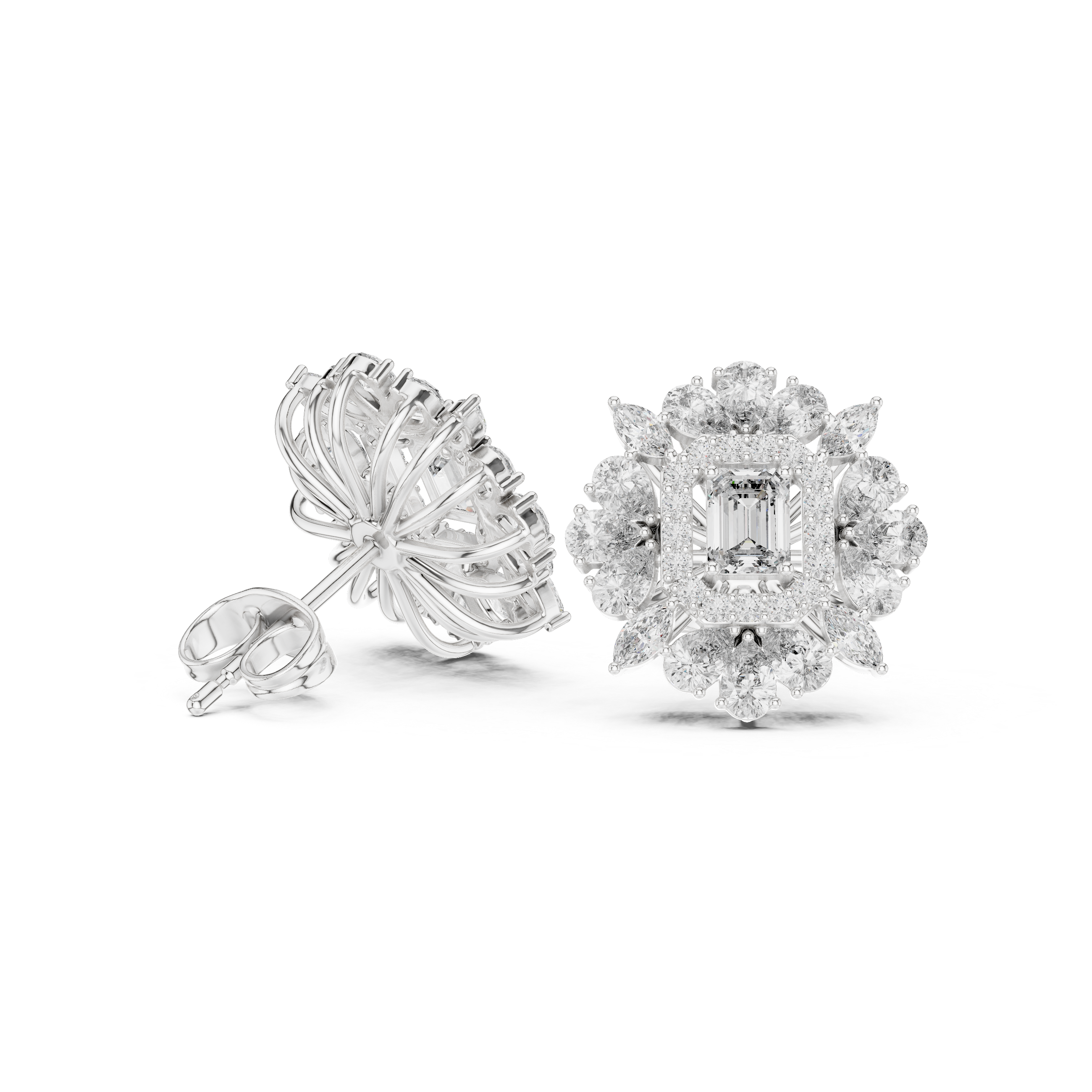 Emerald-Cut Halo Floral Diamond Stud Earrings – Vintage Bloom Design