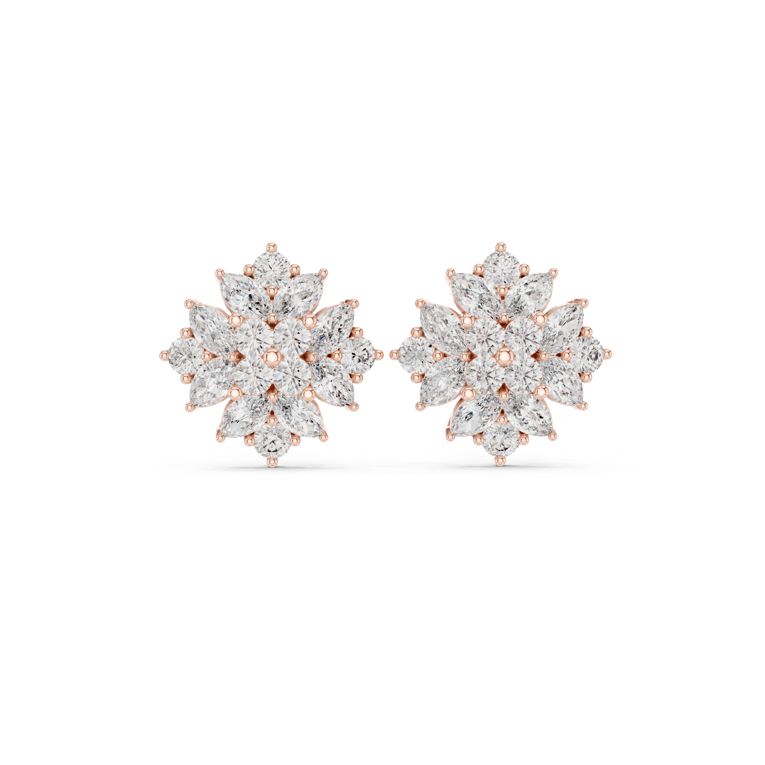 Floral Cluster Diamond Stud Earrings – Marquise & Round Bloom Design
