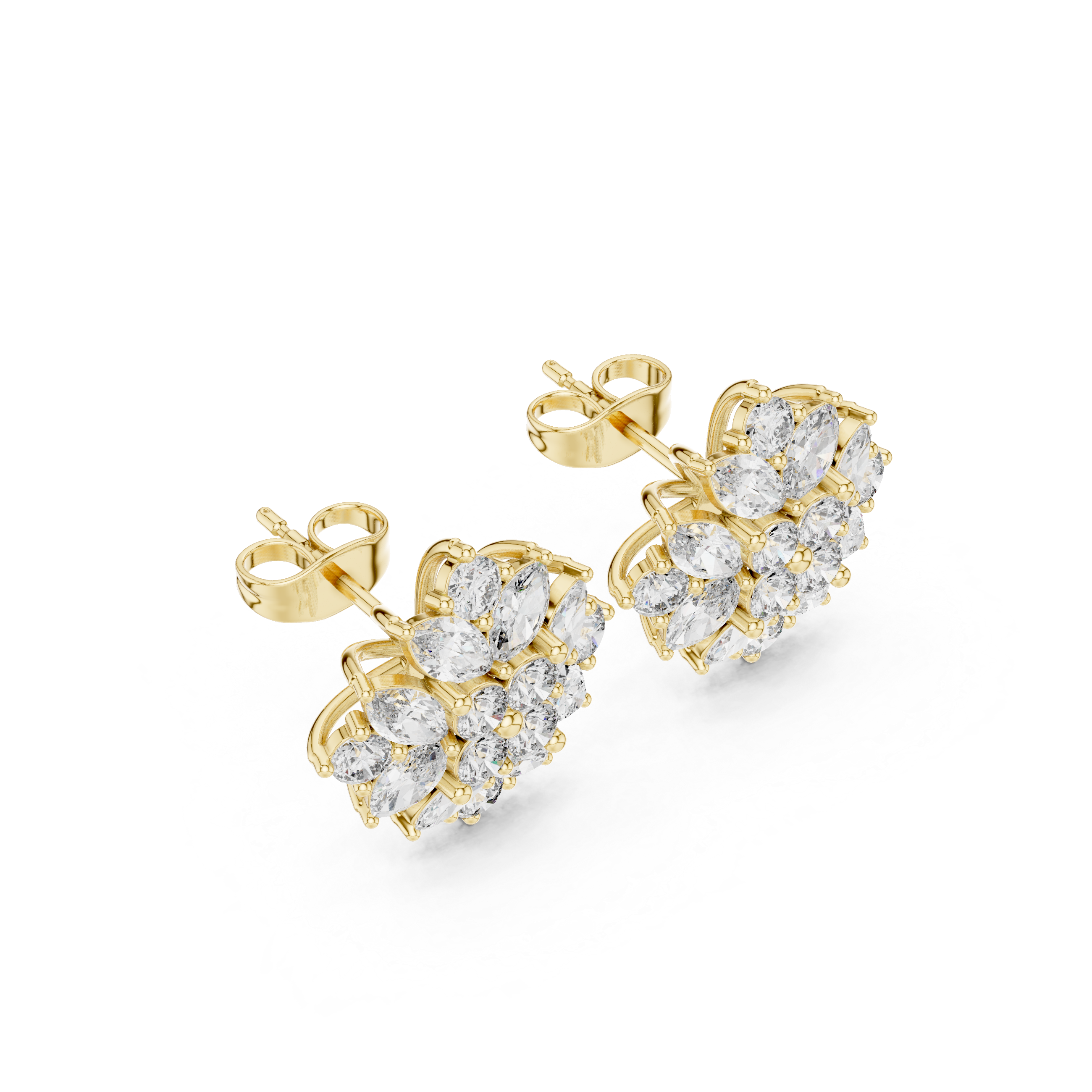 Floral Cluster Diamond Stud Earrings – Marquise & Round Bloom Design