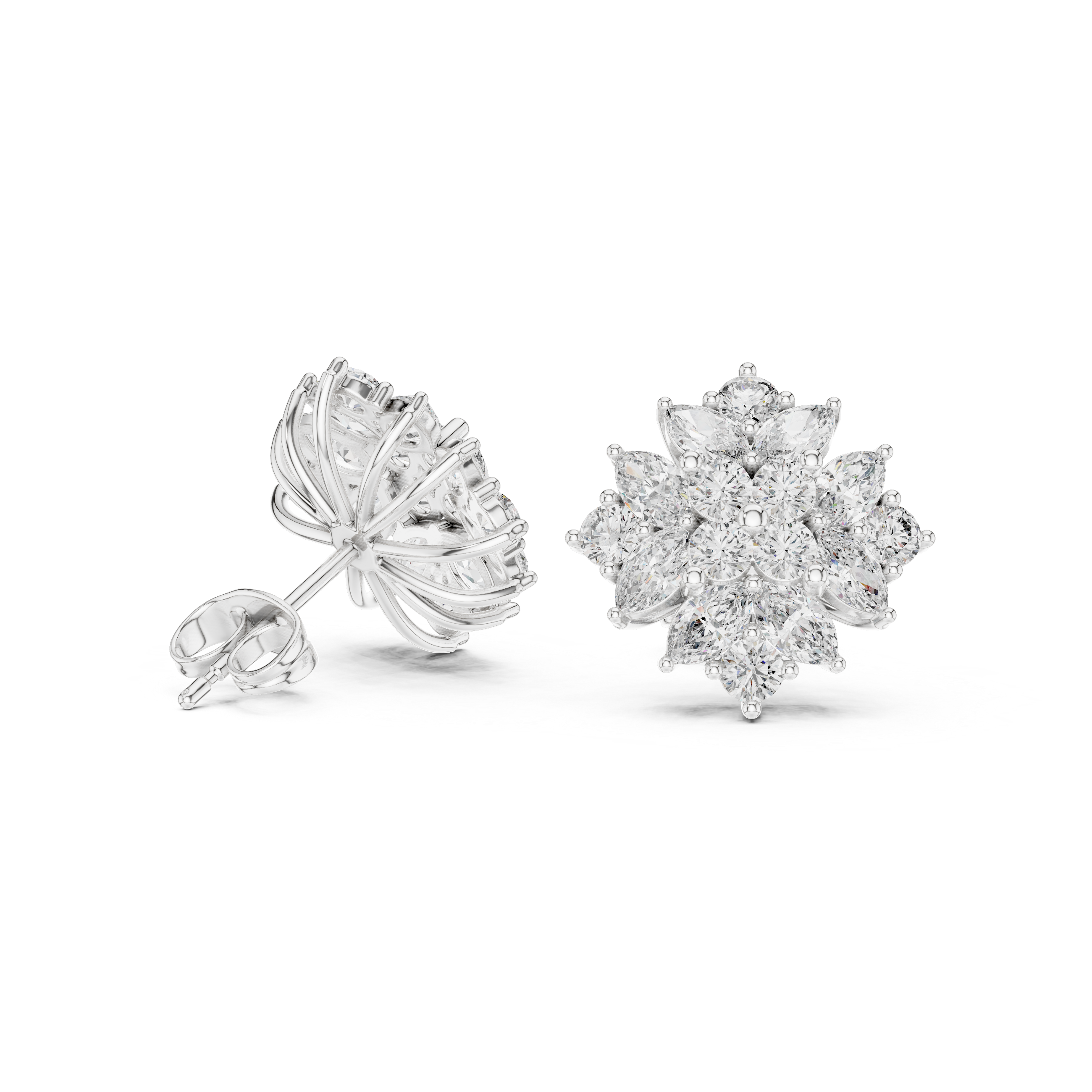 Floral Cluster Diamond Stud Earrings – Marquise & Round Bloom Design