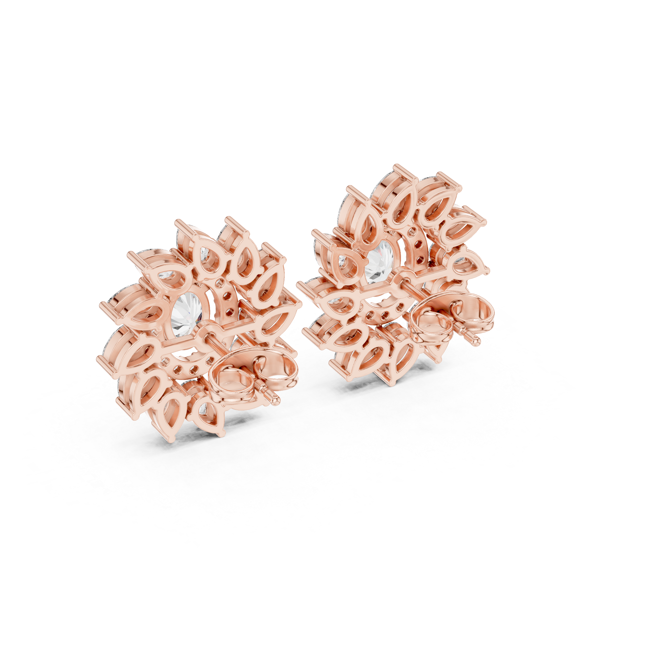 Sunburst Halo Diamond Stud Earrings – Oval Center with Pear Petal Frame