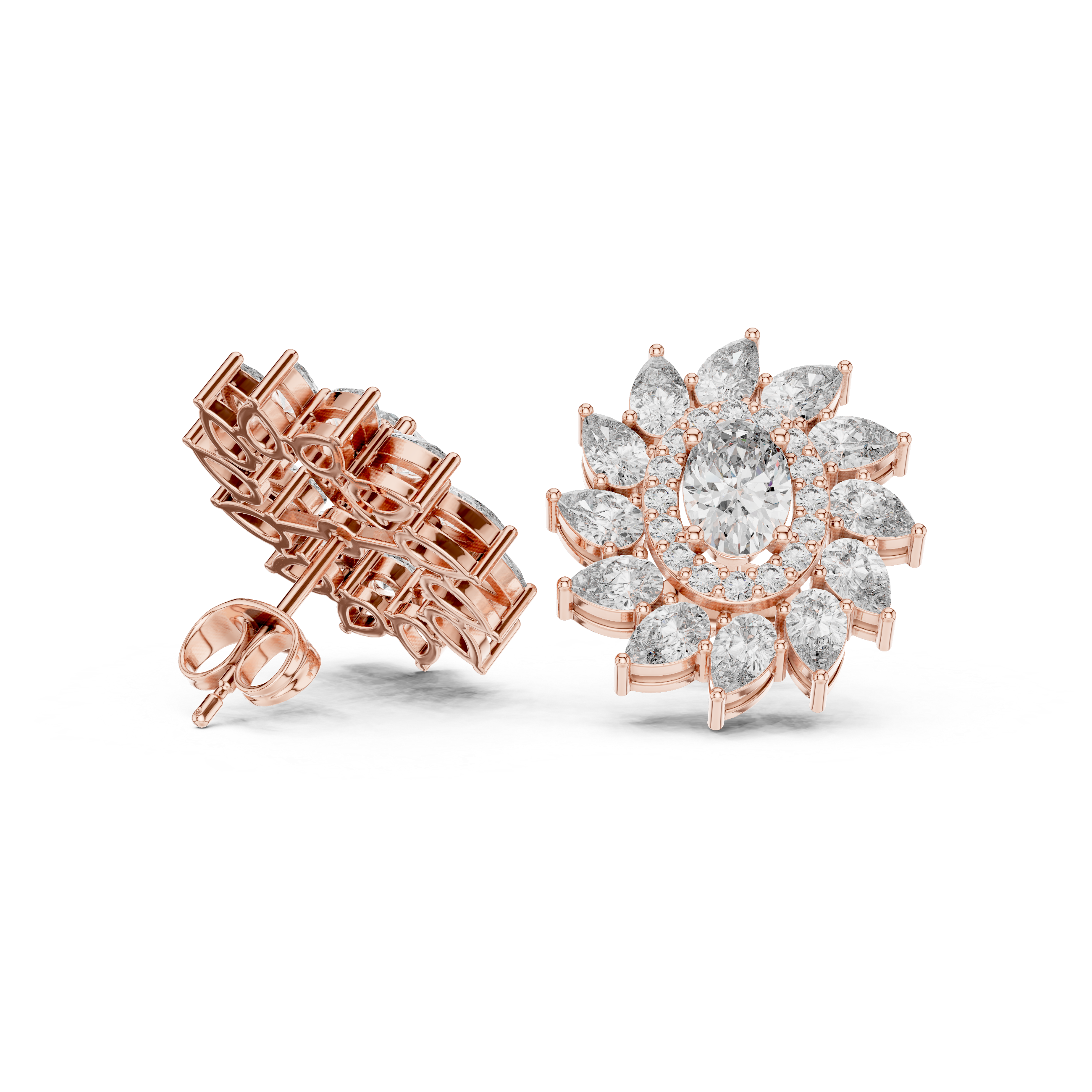 Sunburst Halo Diamond Stud Earrings – Oval Center with Pear Petal Frame