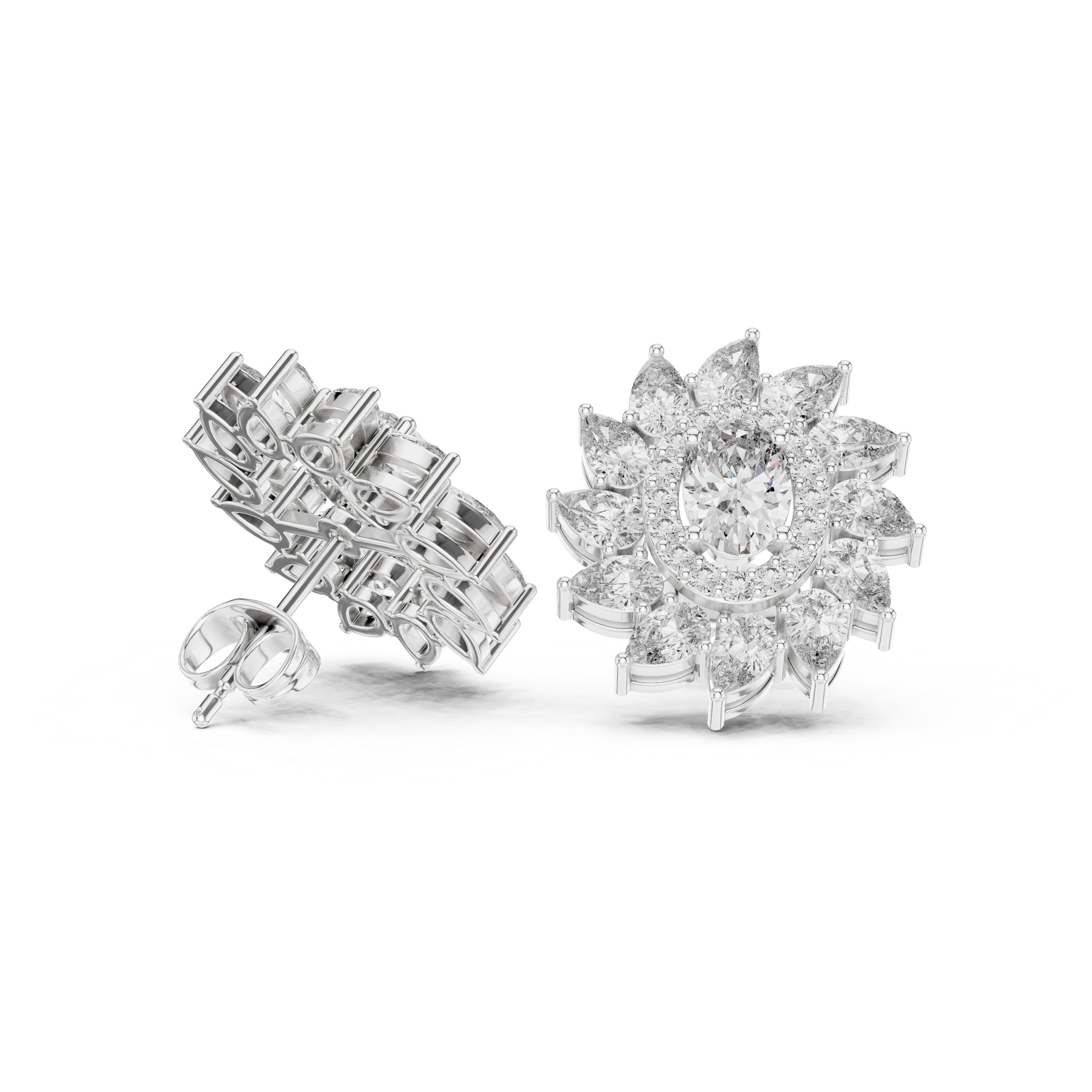 Sunburst Halo Diamond Stud Earrings – Oval Center with Pear Petal Frame