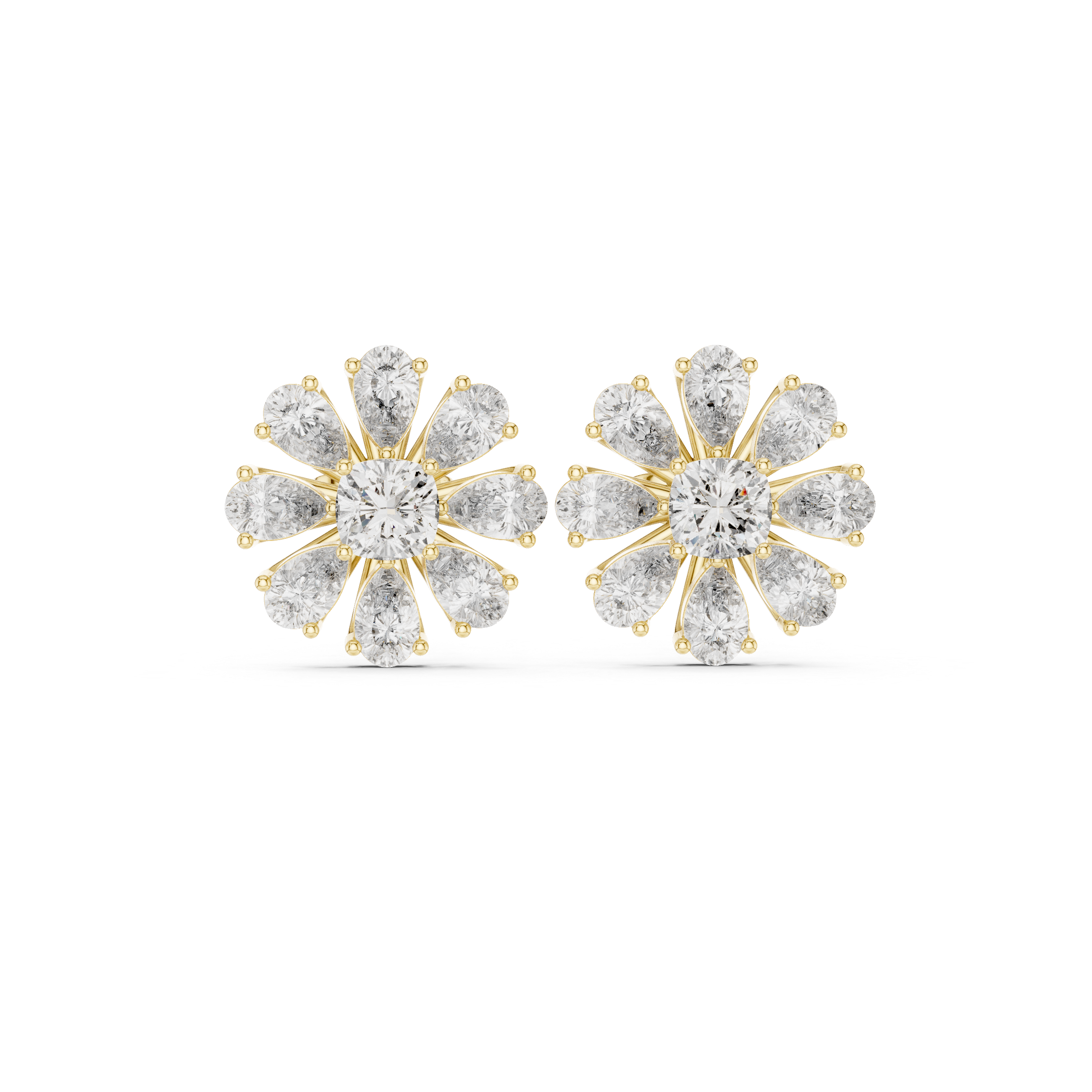 Floral Diamond Stud Earrings – Pear Petal Cluster with Cushion Center