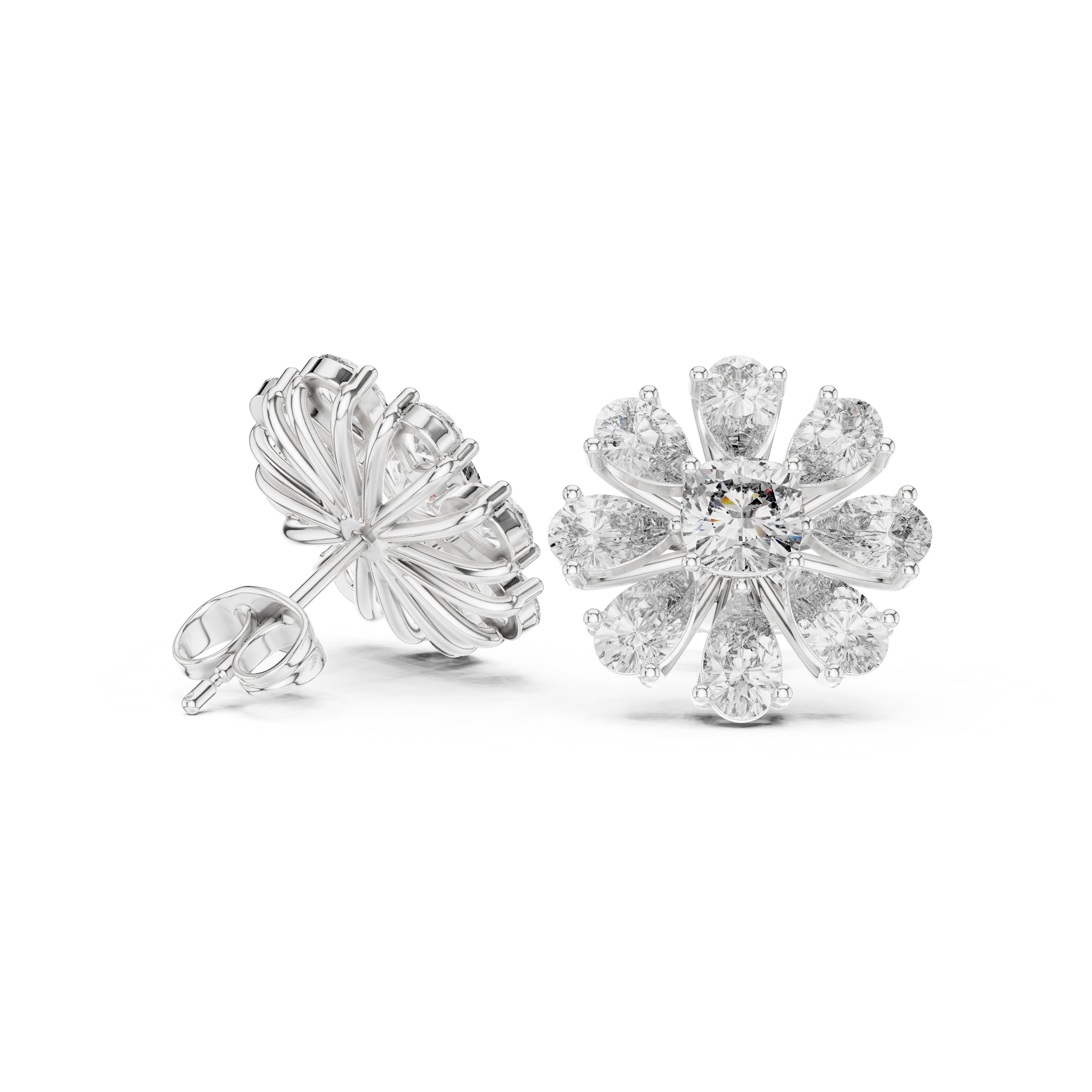 Floral Diamond Stud Earrings – Pear Petal Cluster with Cushion Center