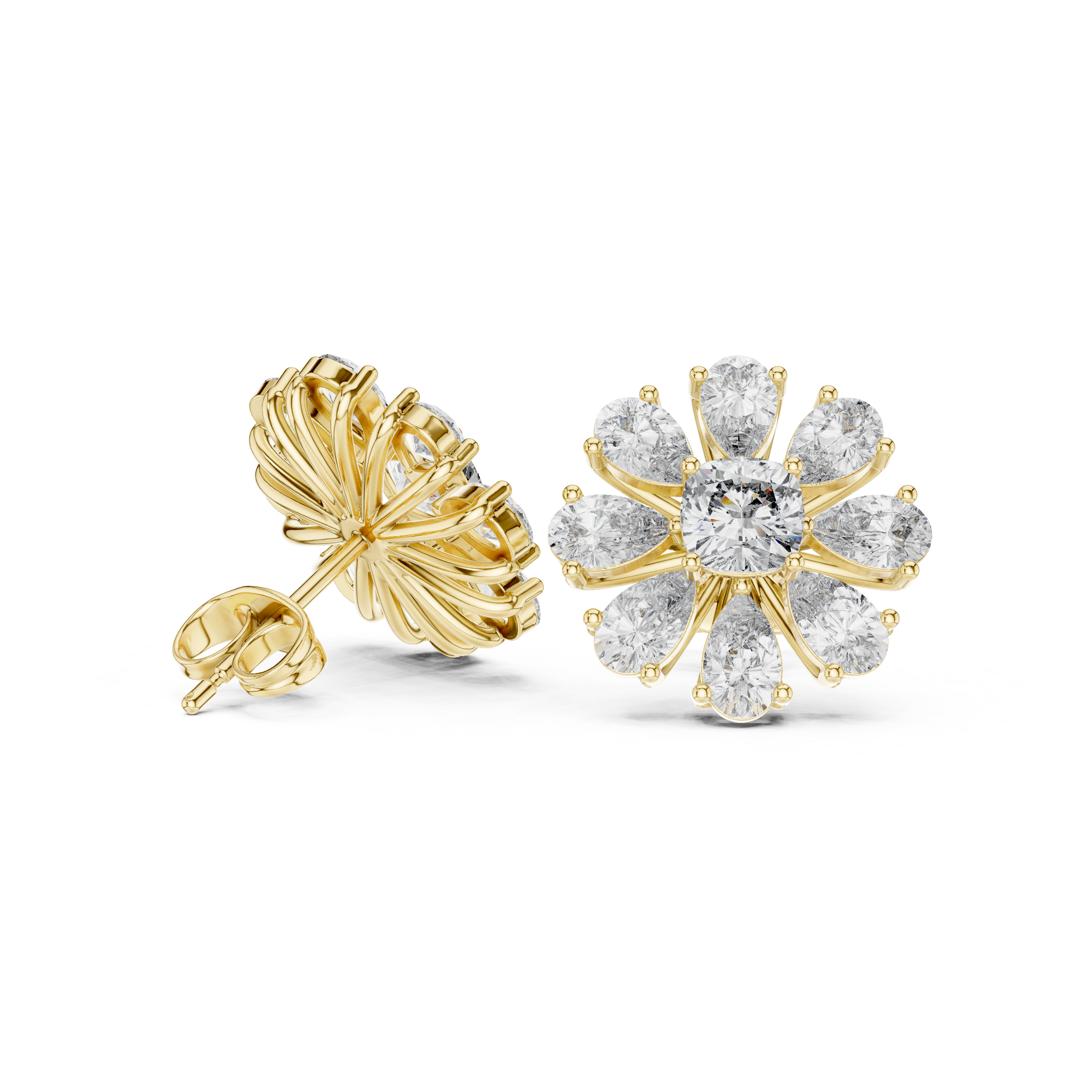 Floral Diamond Stud Earrings – Pear Petal Cluster with Cushion Center