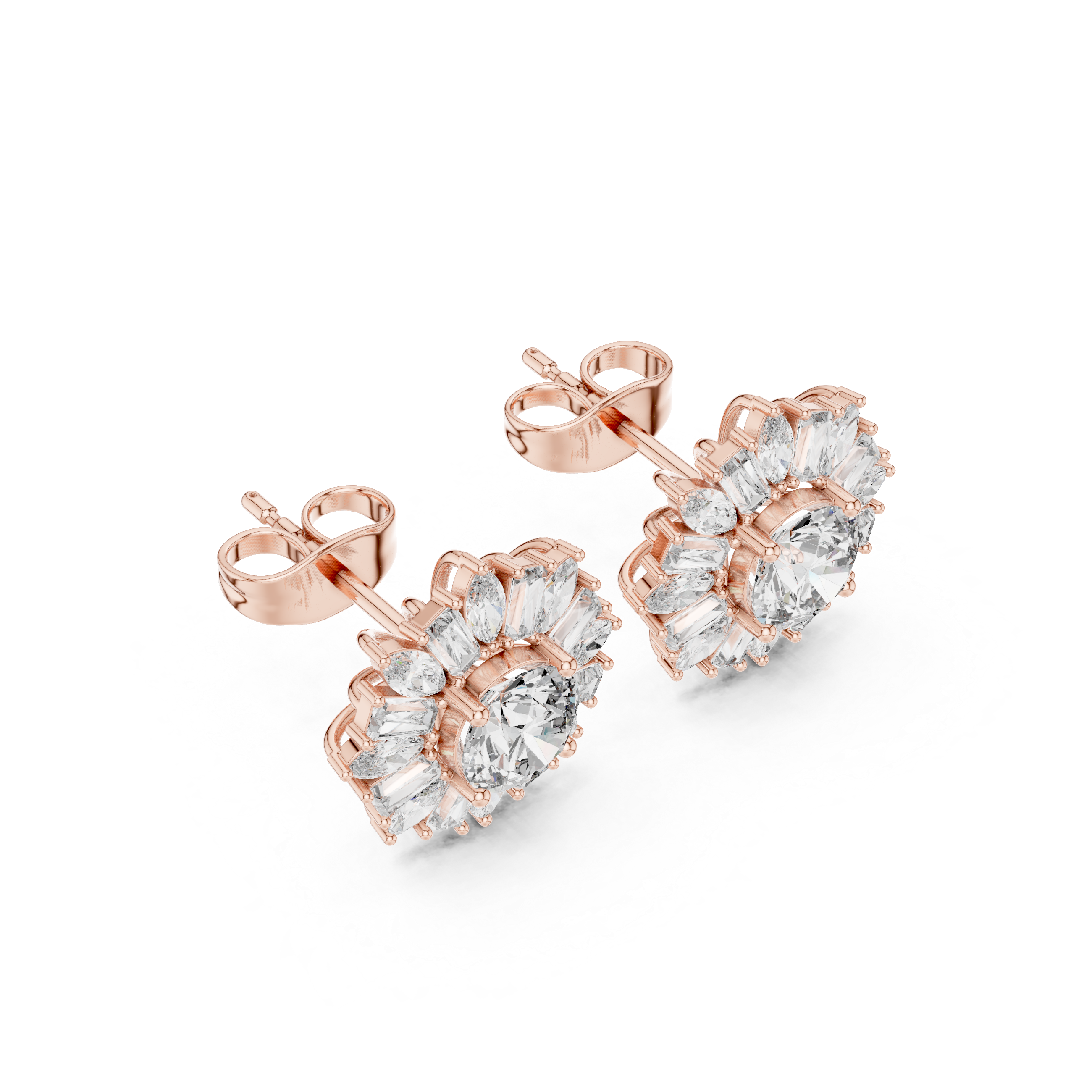 Sunburst Halo Diamond Stud Earrings – Marquise & Baguette Cluster