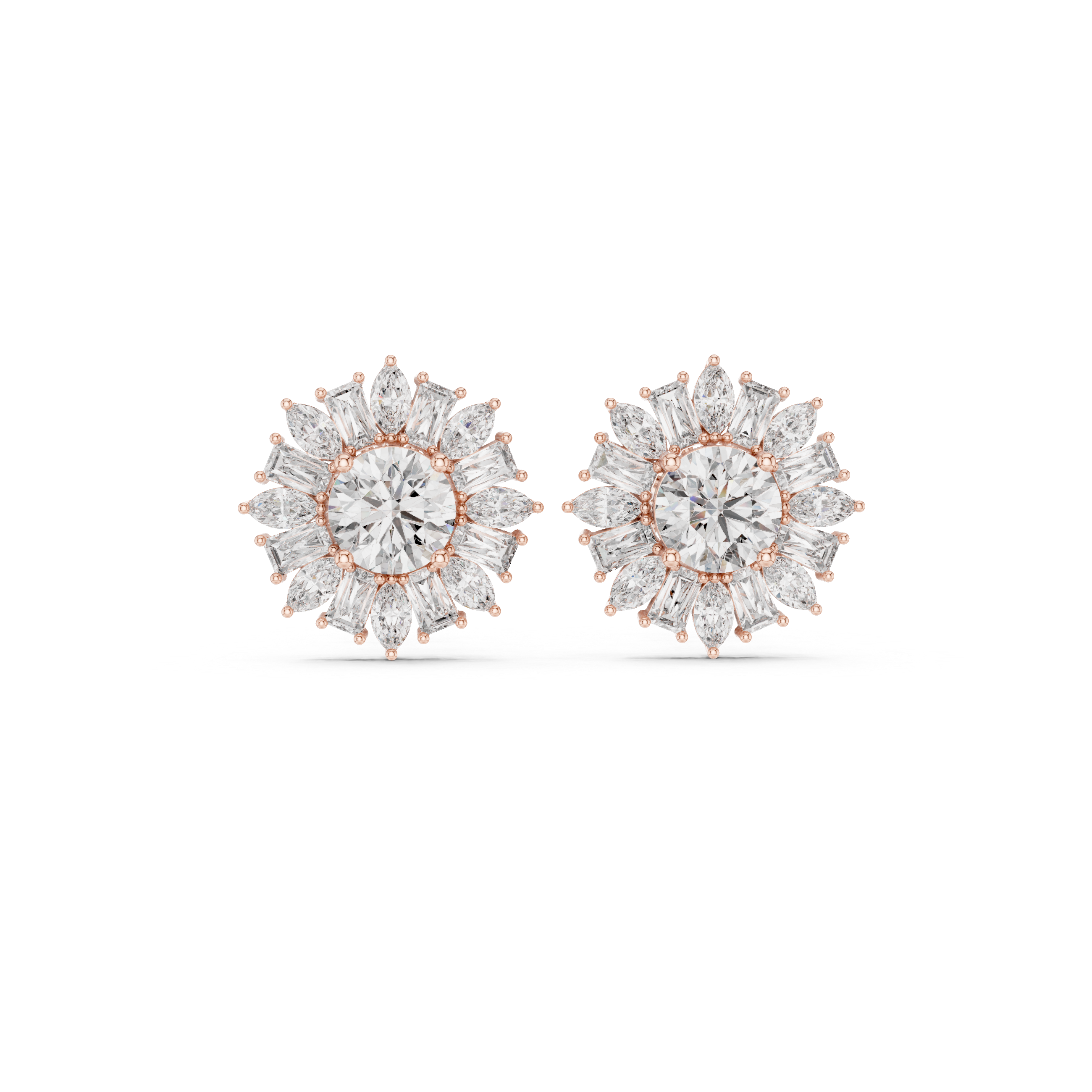 Sunburst Halo Diamond Stud Earrings – Marquise & Baguette Cluster