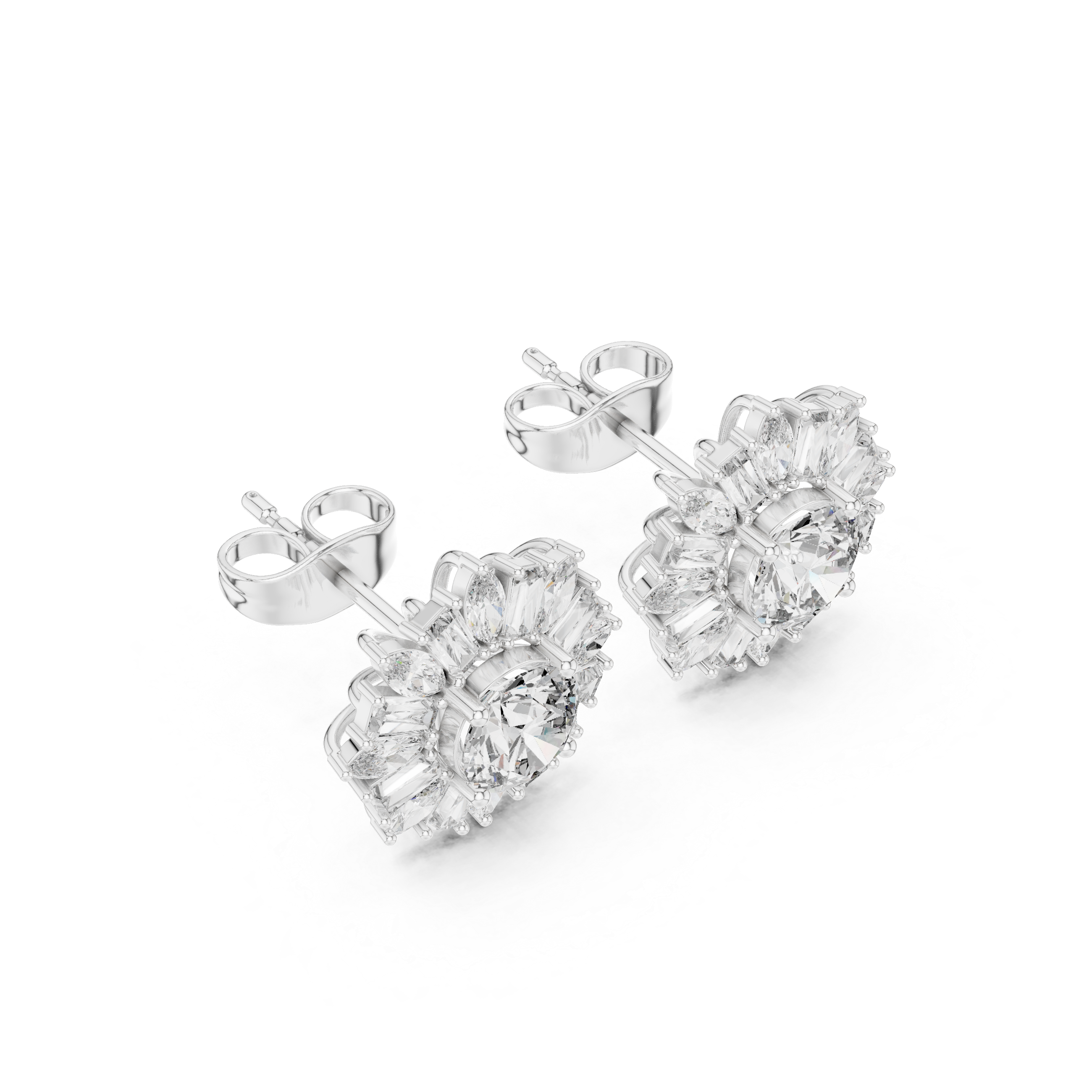 Sunburst Halo Diamond Stud Earrings – Marquise & Baguette Cluster