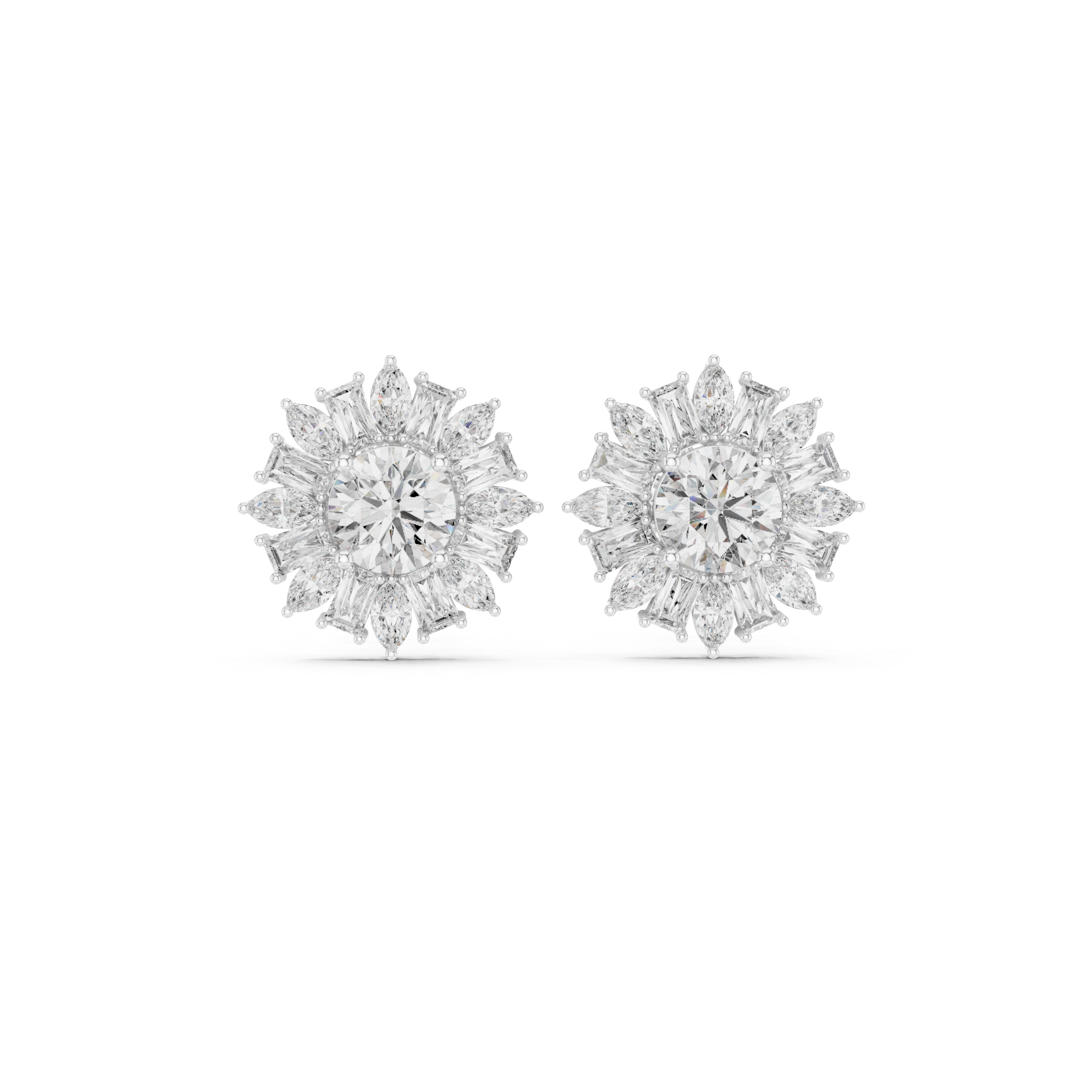 Sunburst Halo Diamond Stud Earrings – Marquise & Baguette Cluster