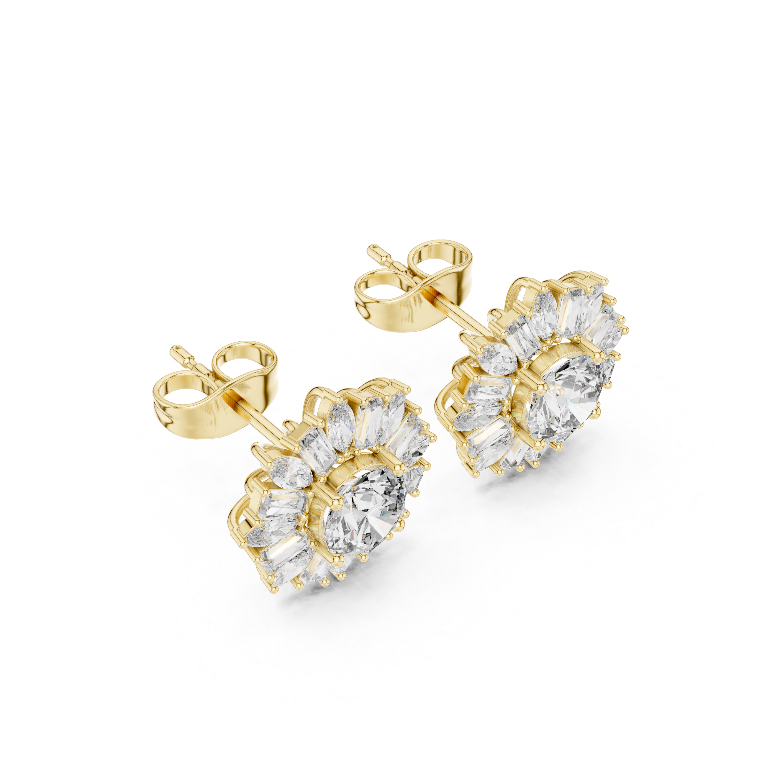 Sunburst Halo Diamond Stud Earrings – Marquise & Baguette Cluster