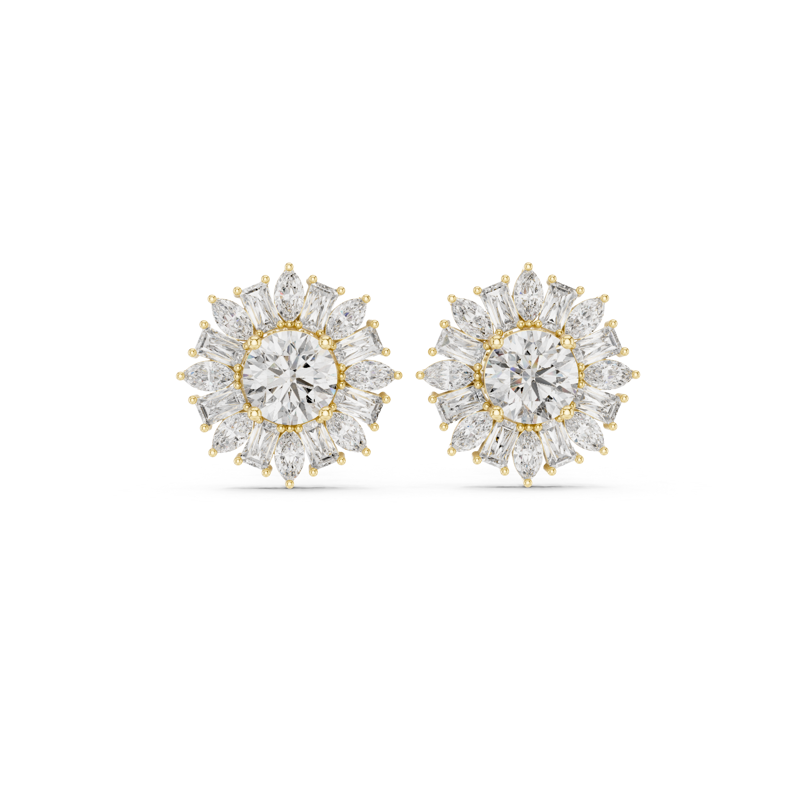 Sunburst Halo Diamond Stud Earrings – Marquise & Baguette Cluster