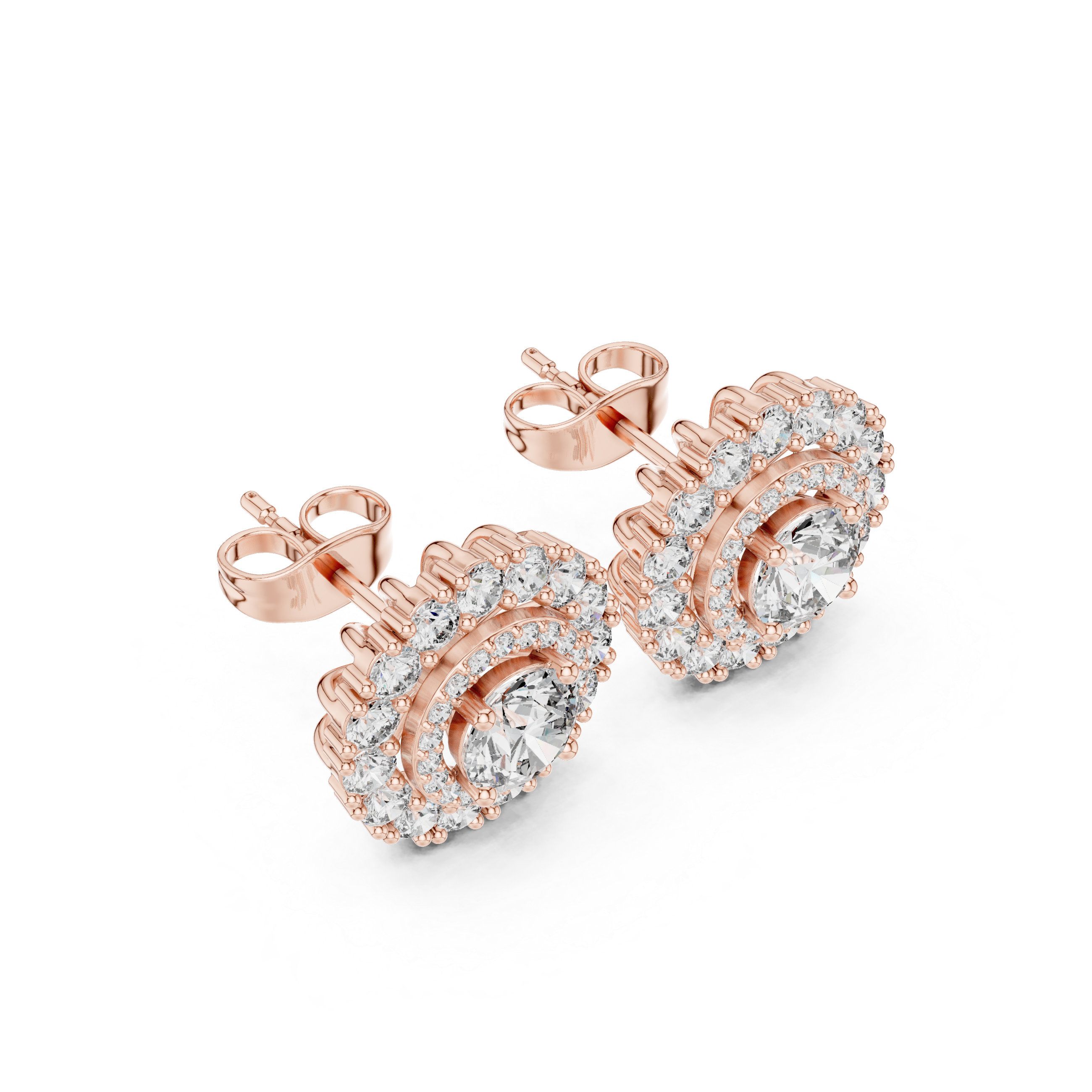 Double Halo Diamond Stud Earrings – Round Brilliant Cluster Design