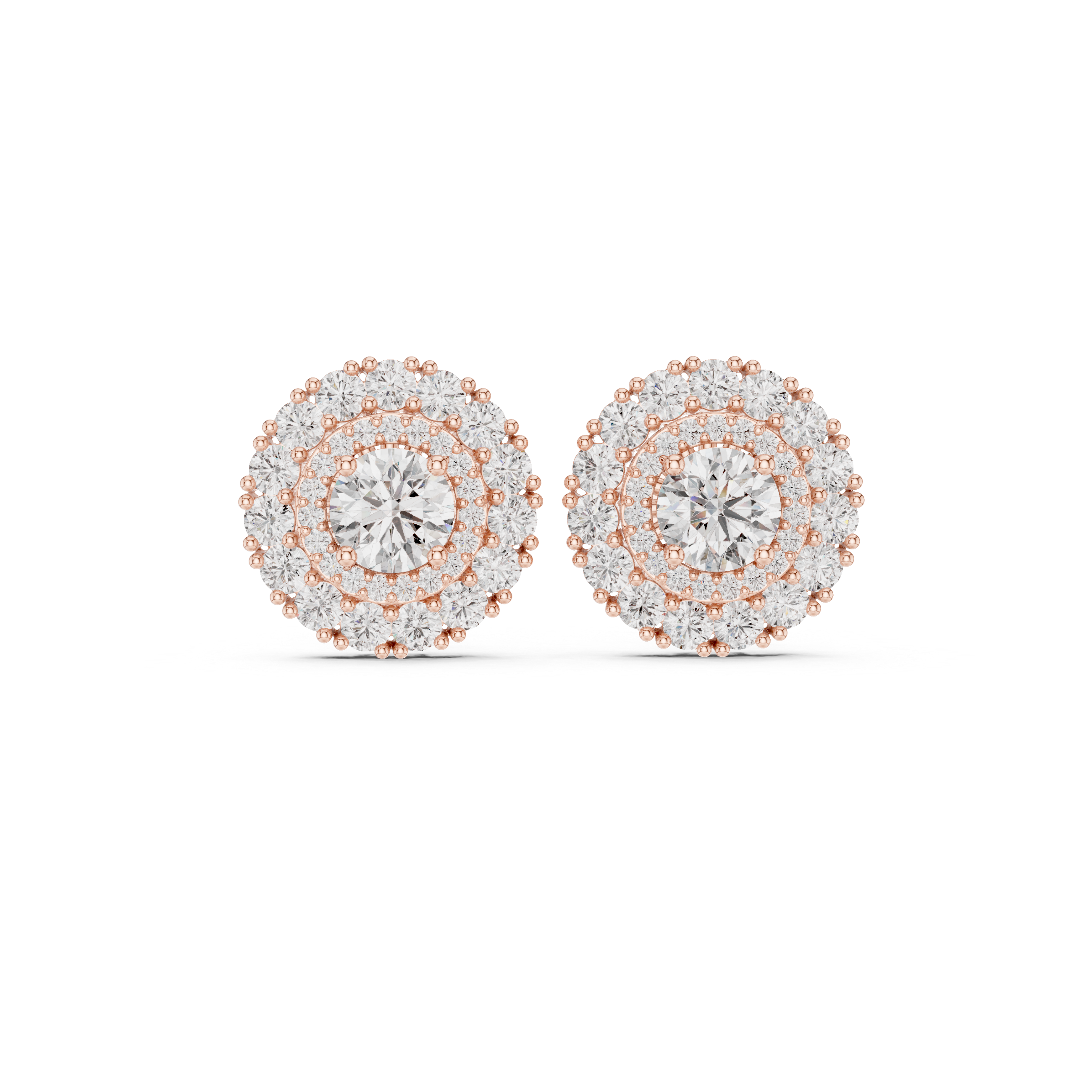 Double Halo Diamond Stud Earrings – Round Brilliant Cluster Design