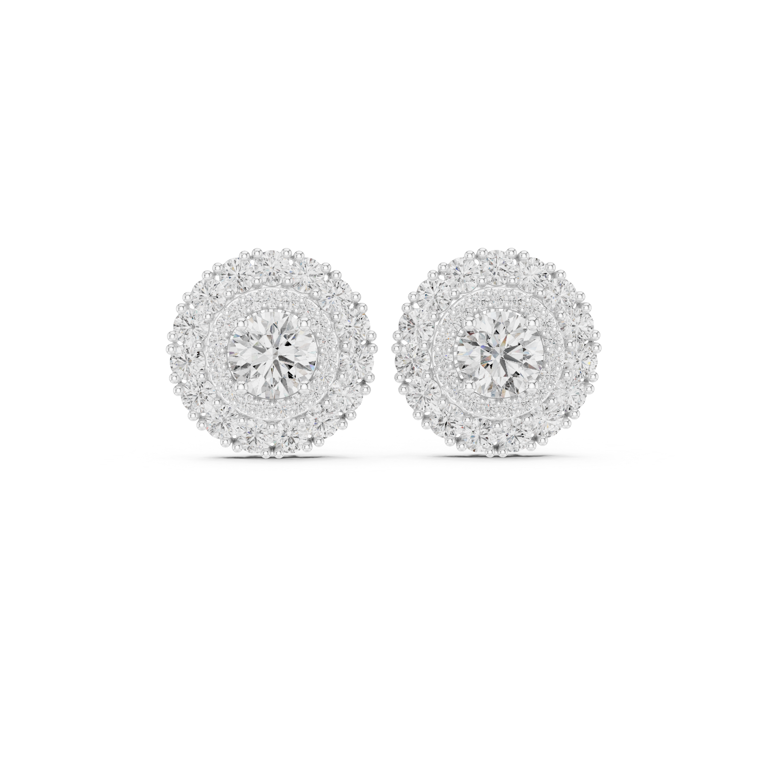 Double Halo Diamond Stud Earrings – Round Brilliant Cluster Design