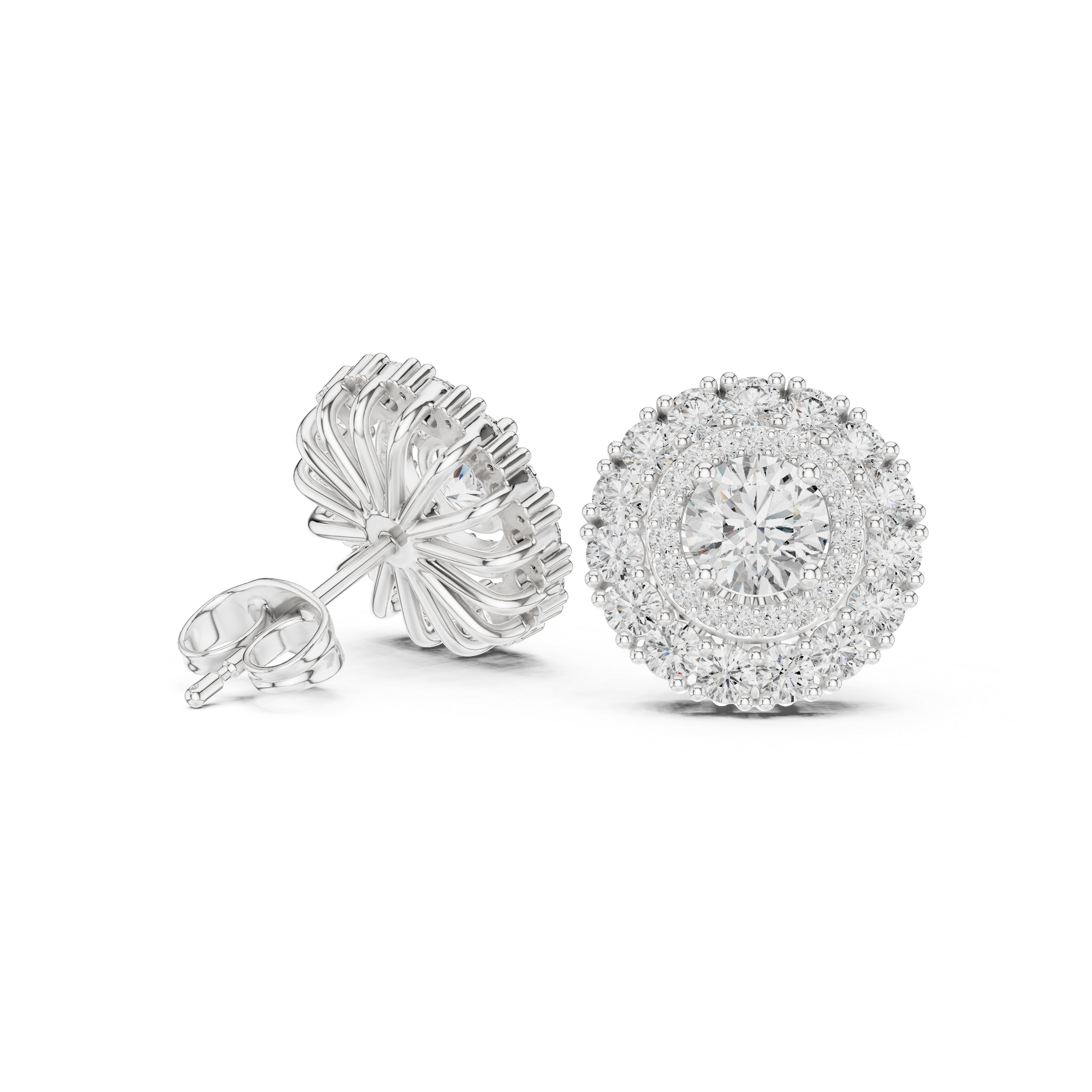 Double Halo Diamond Stud Earrings – Round Brilliant Cluster Design
