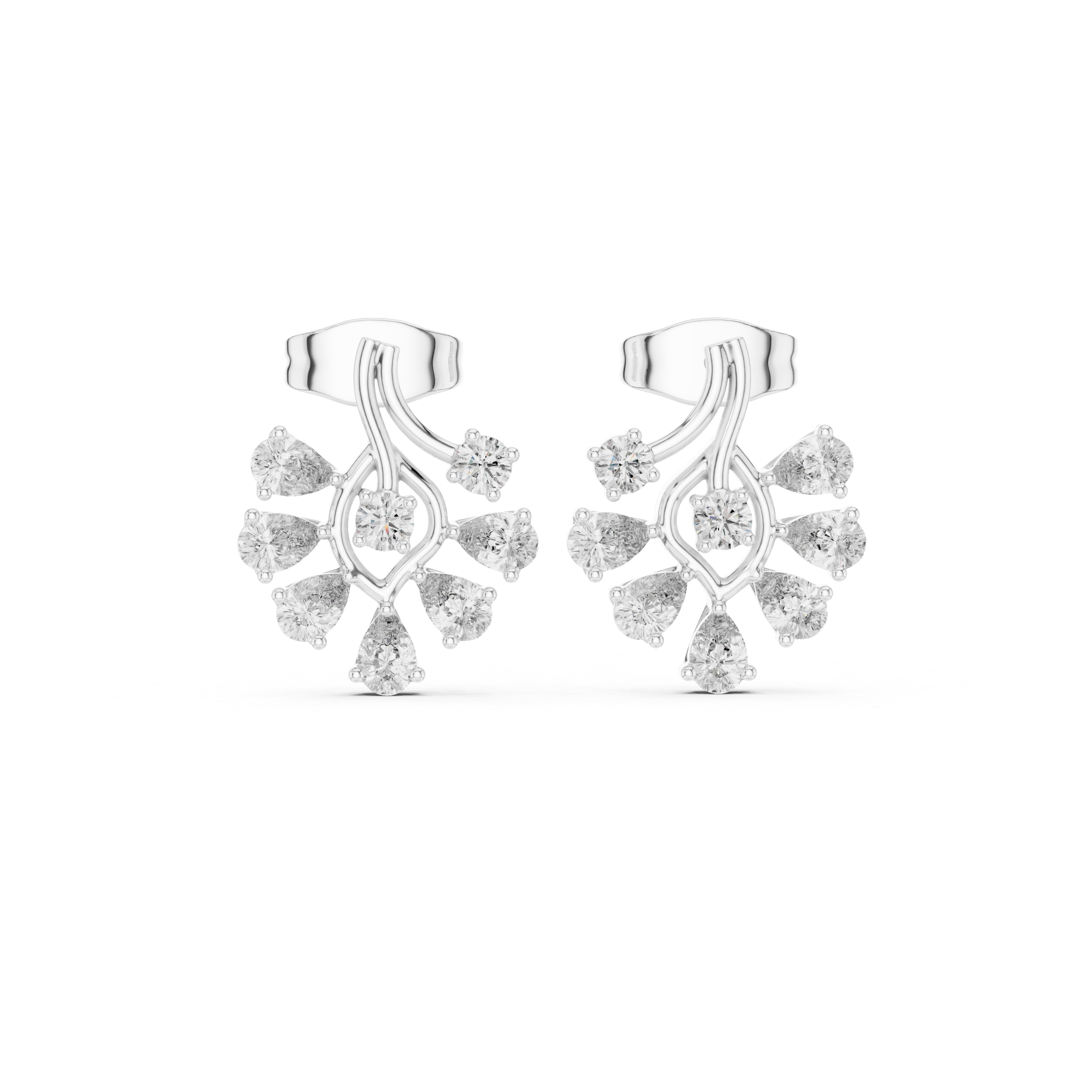 Floral Drop Diamond Stud Earrings – Pear Cut Cluster with Elegant Gold Flow