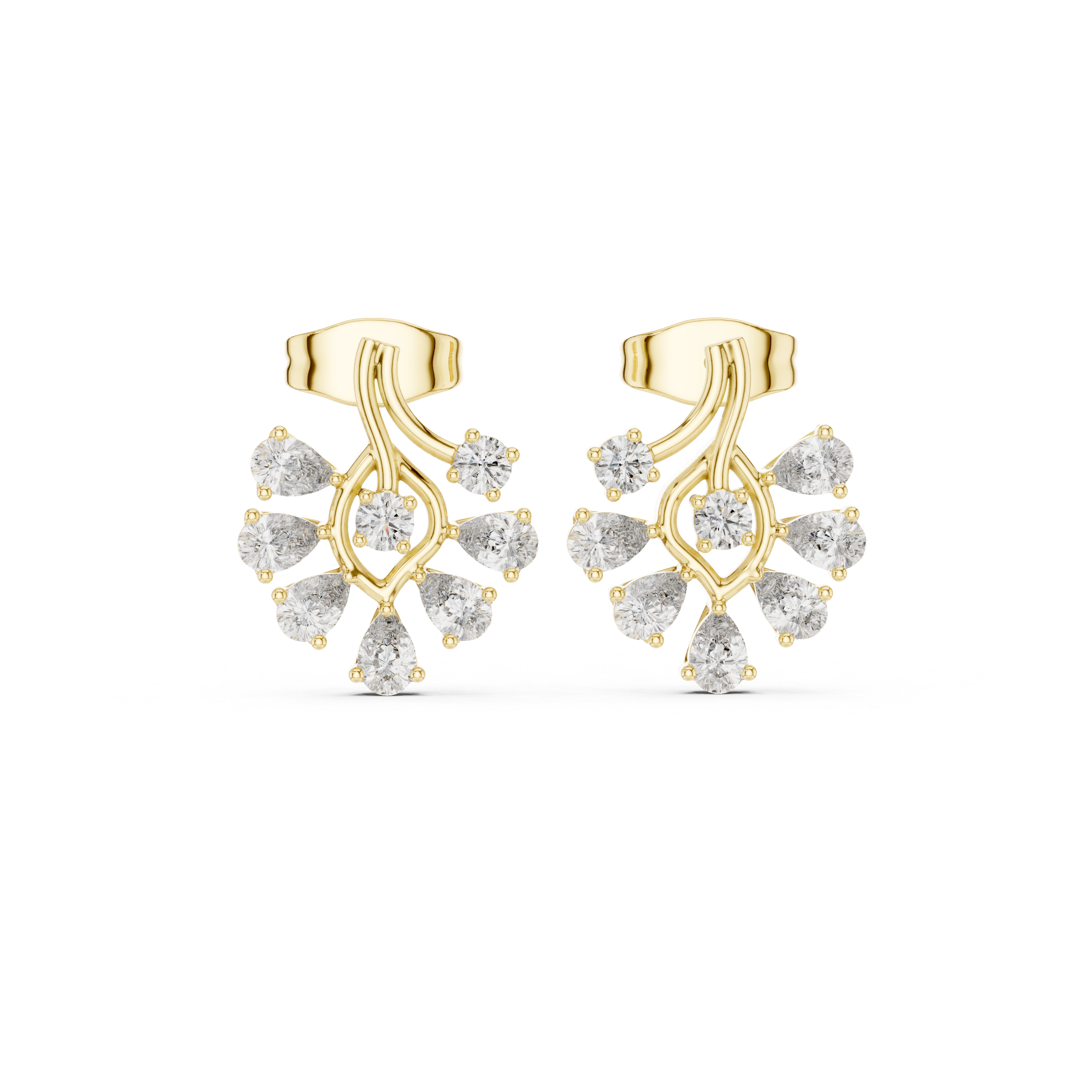Floral Drop Diamond Stud Earrings – Pear Cut Cluster with Elegant Gold Flow