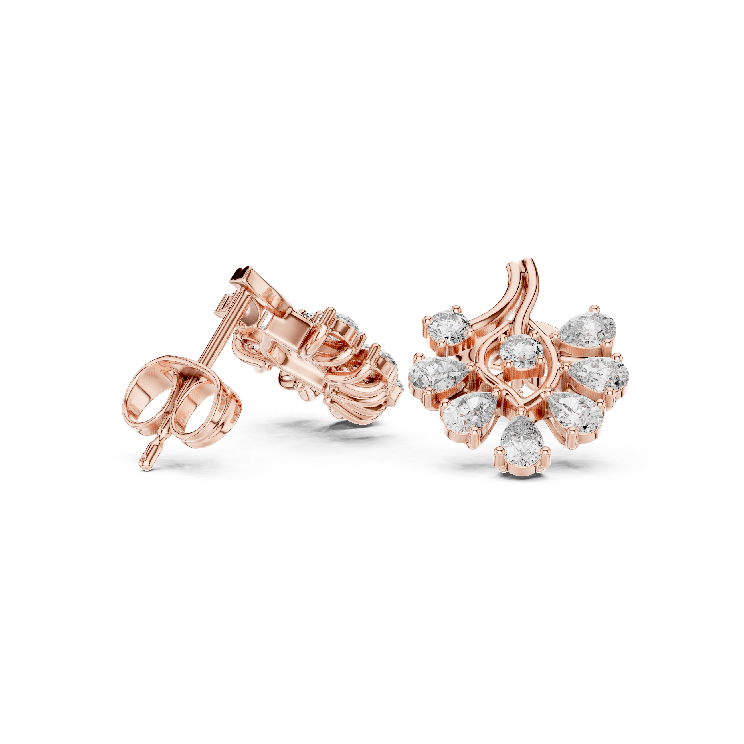Floral Drop Diamond Stud Earrings – Pear Cut Cluster with Elegant Gold Flow