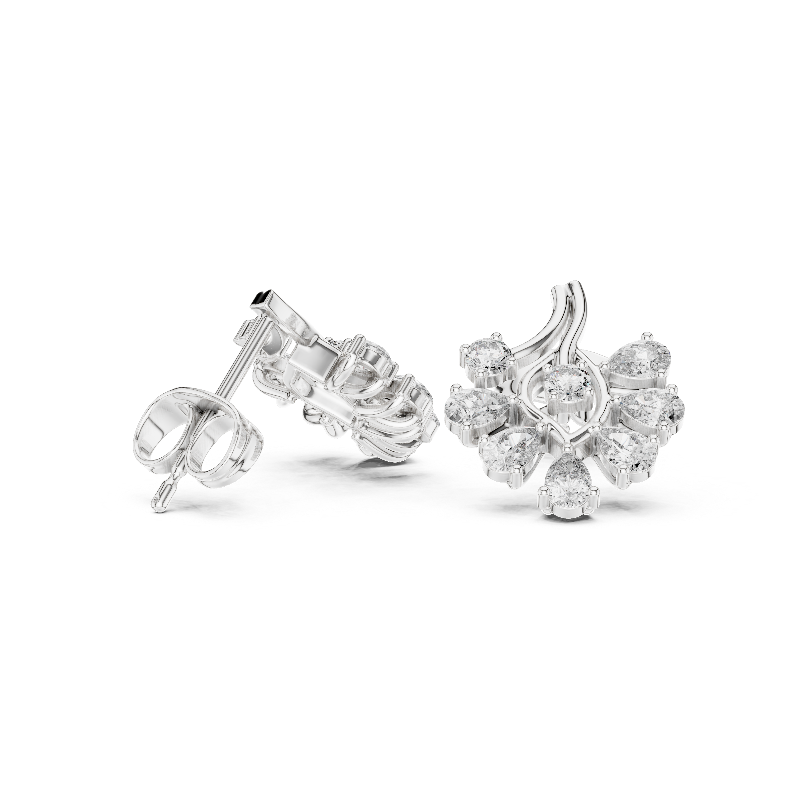 Floral Drop Diamond Stud Earrings – Pear Cut Cluster with Elegant Gold Flow