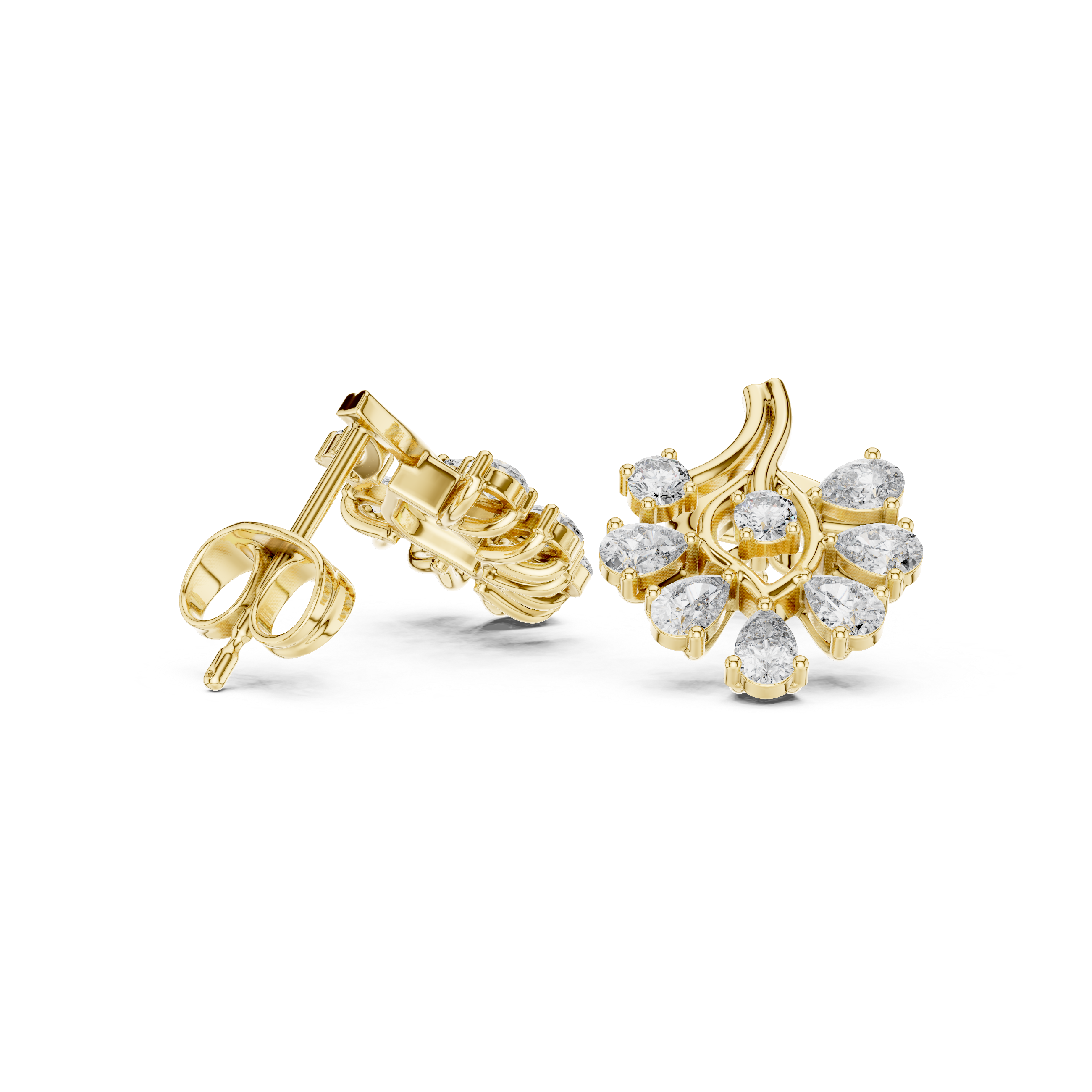 Floral Drop Diamond Stud Earrings – Pear Cut Cluster with Elegant Gold Flow