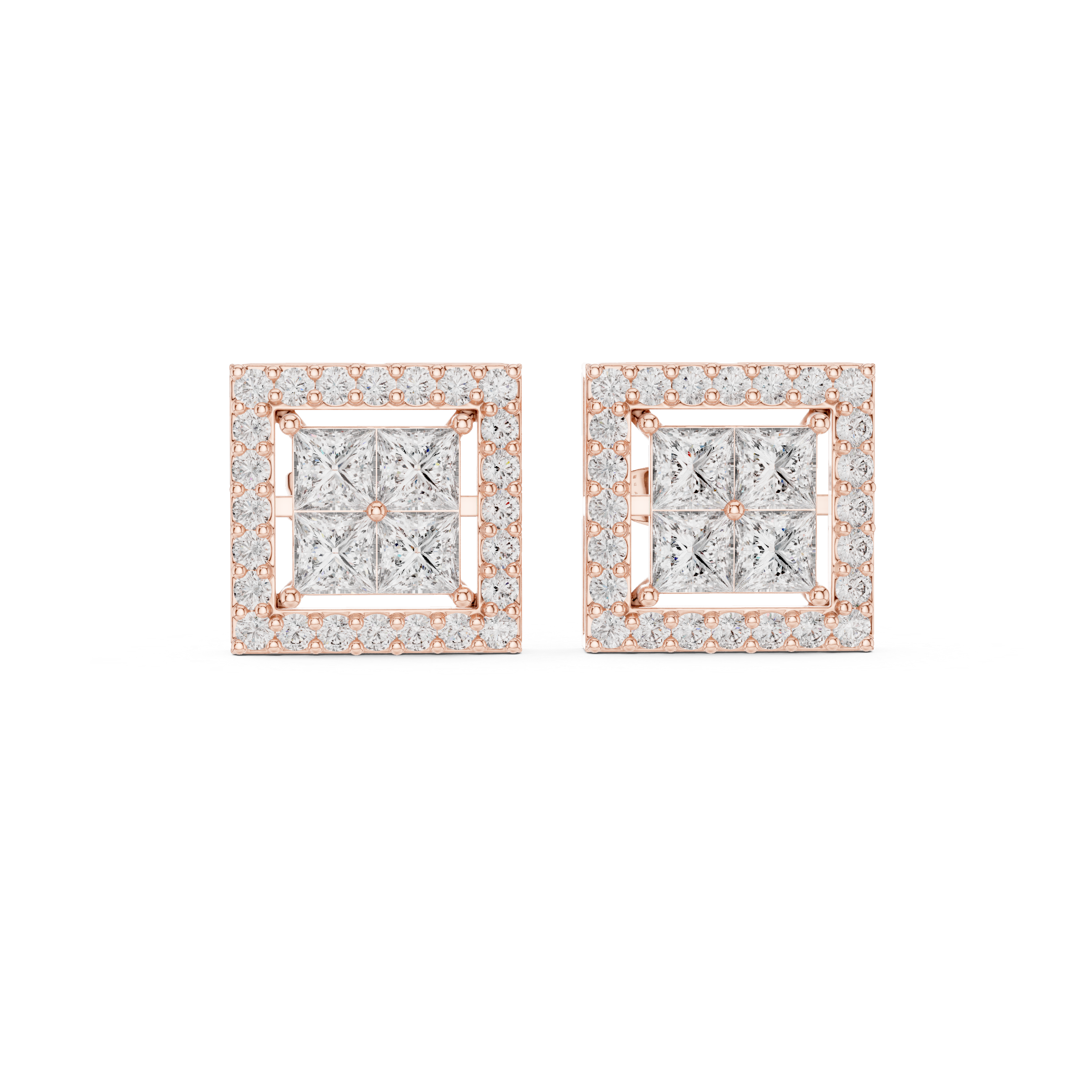 Square Halo Diamond Stud Earrings – Princess Cut Cluster with Pave Frame