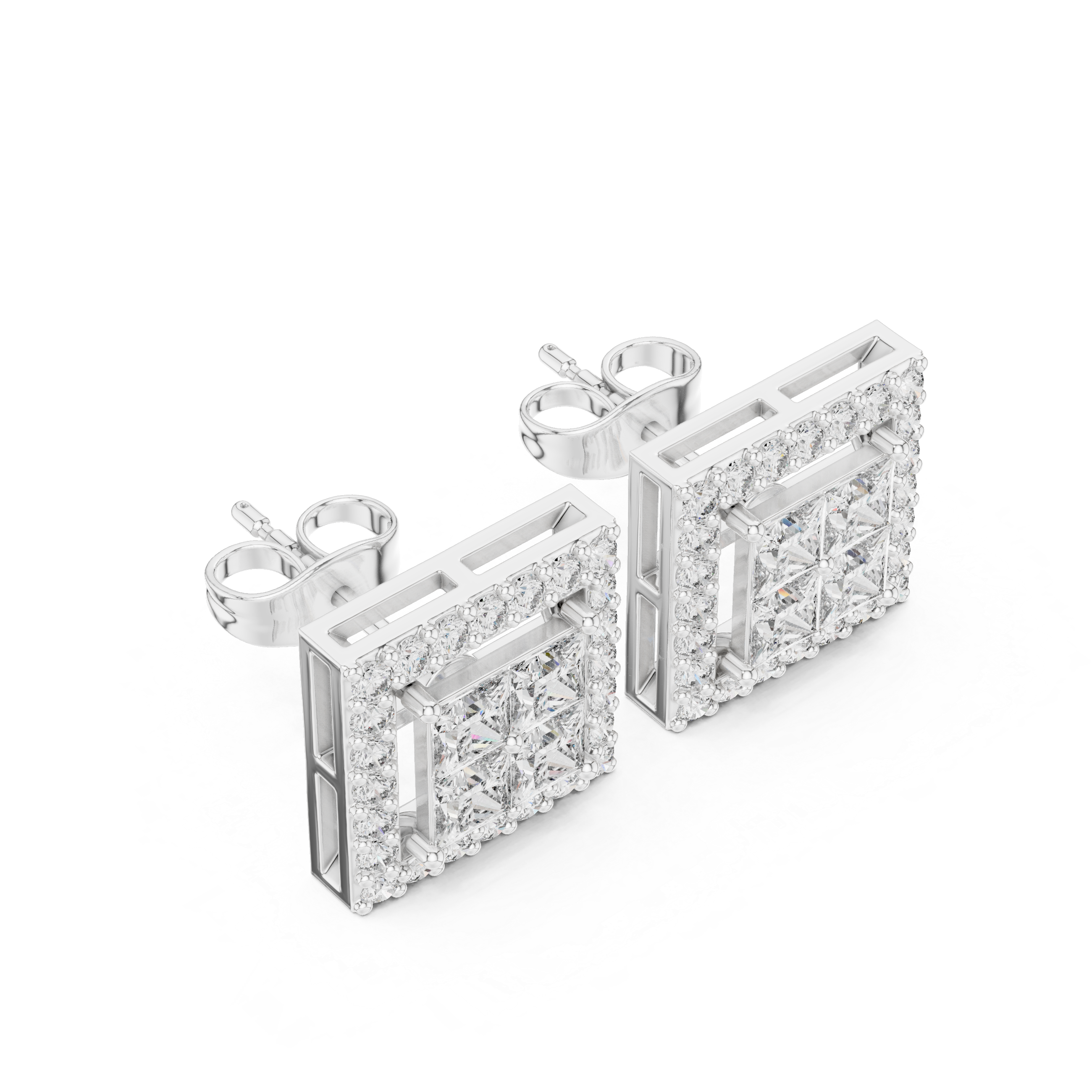 Square Halo Diamond Stud Earrings – Princess Cut Cluster with Pave Frame