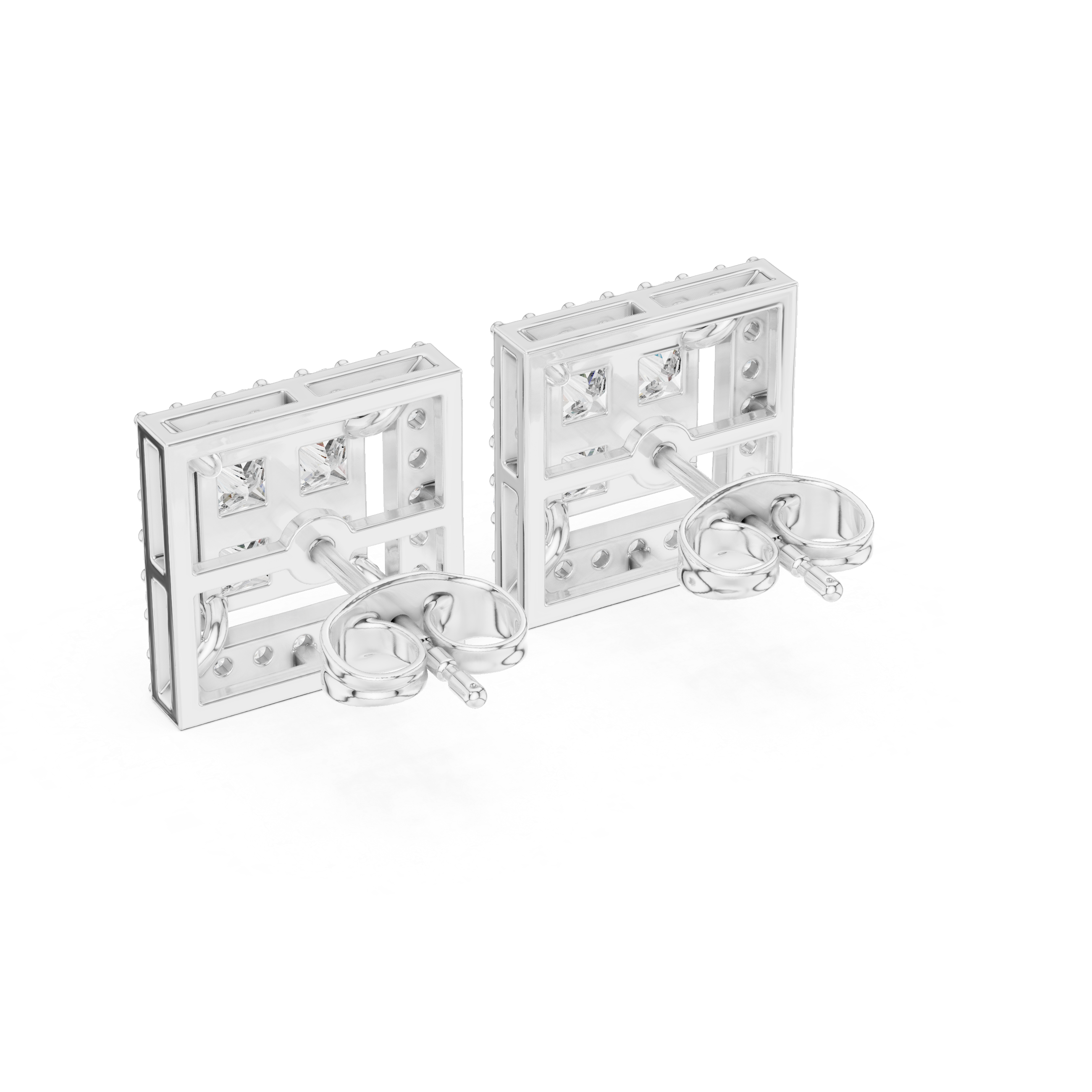 Square Halo Diamond Stud Earrings – Princess Cut Cluster with Pave Frame