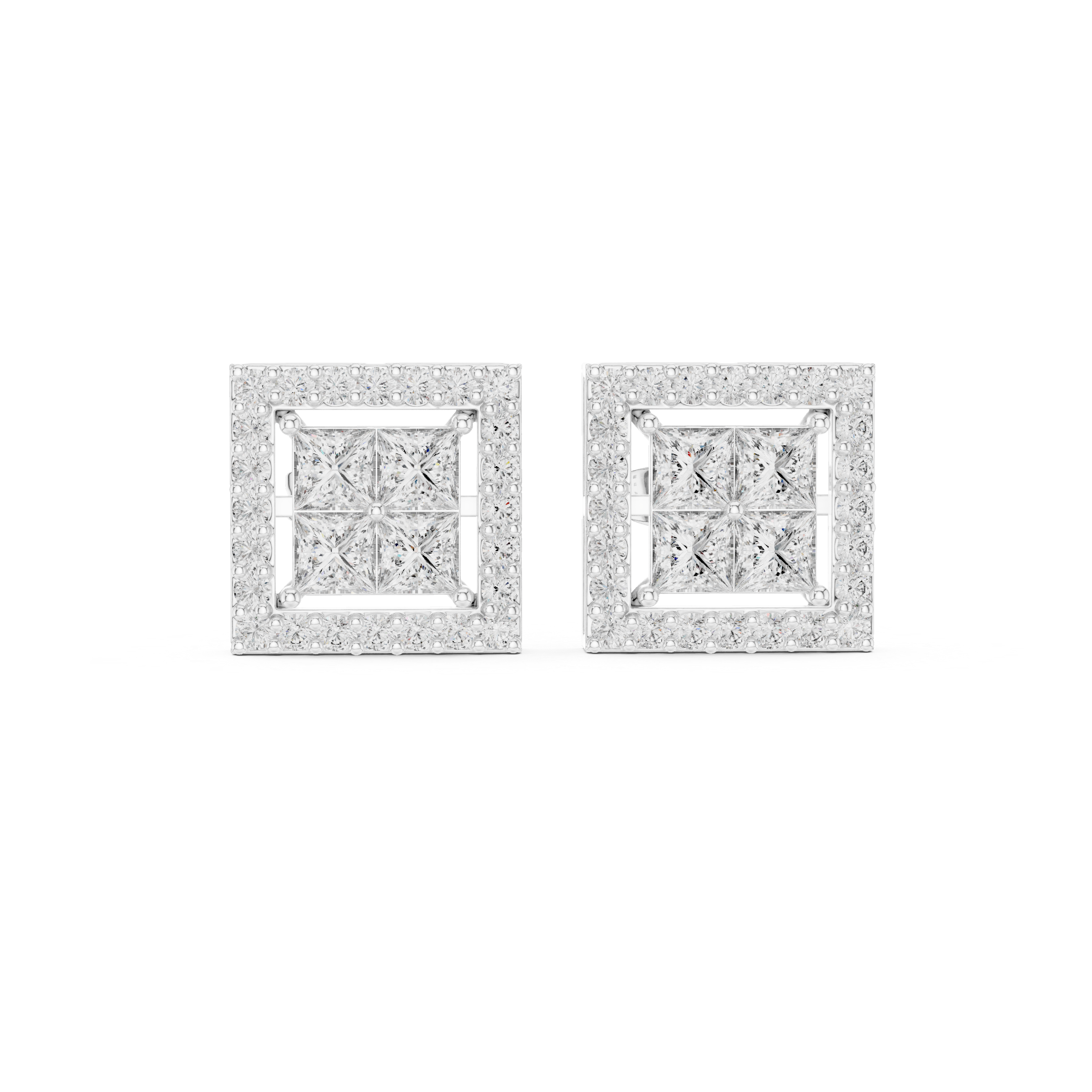 Square Halo Diamond Stud Earrings – Princess Cut Cluster with Pave Frame