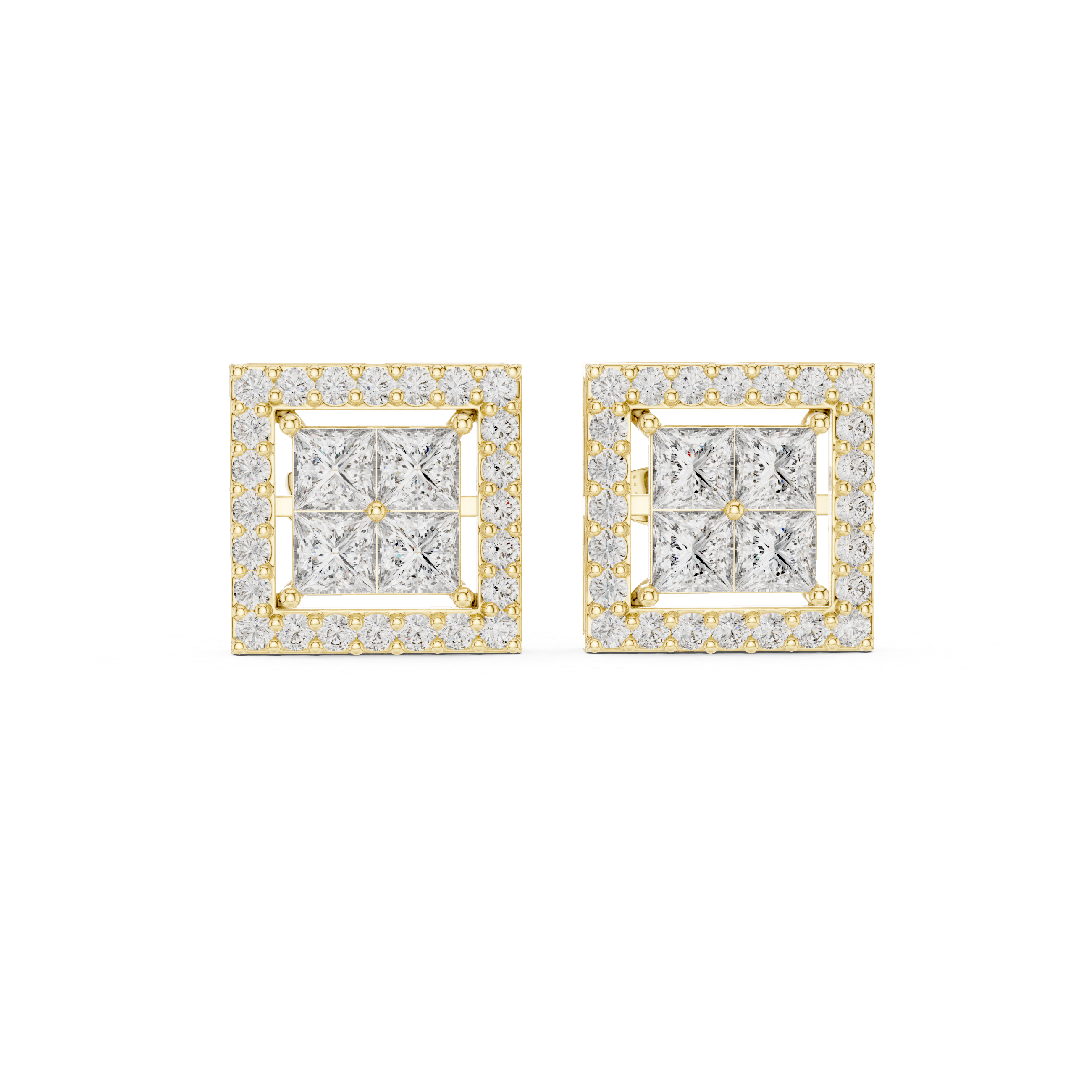 Square Halo Diamond Stud Earrings – Princess Cut Cluster with Pave Frame