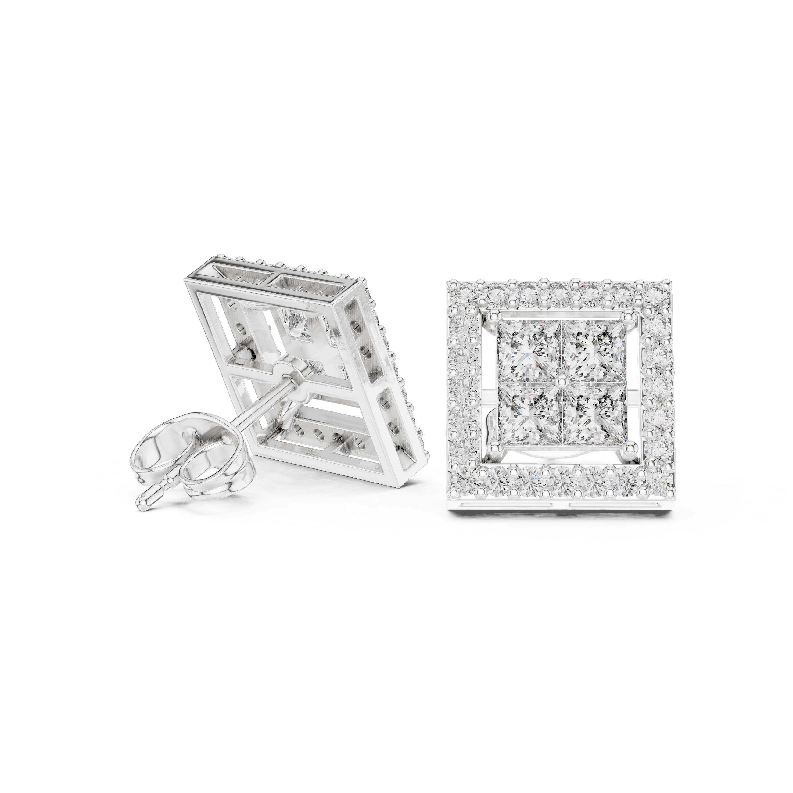 Square Halo Diamond Stud Earrings – Princess Cut Cluster with Pave Frame