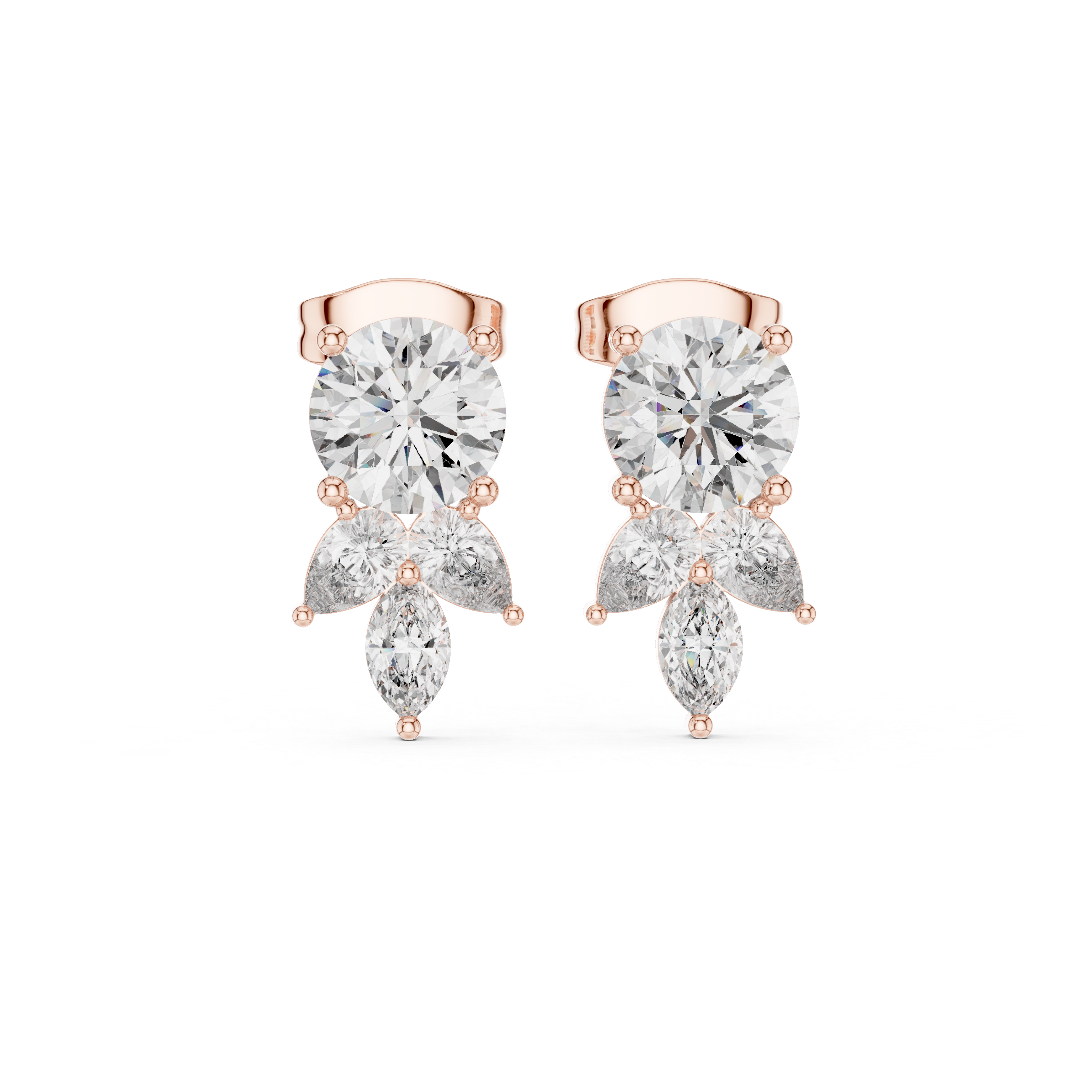 Elegant Drop Diamond Stud Earrings – Round & Marquise Cluster Design