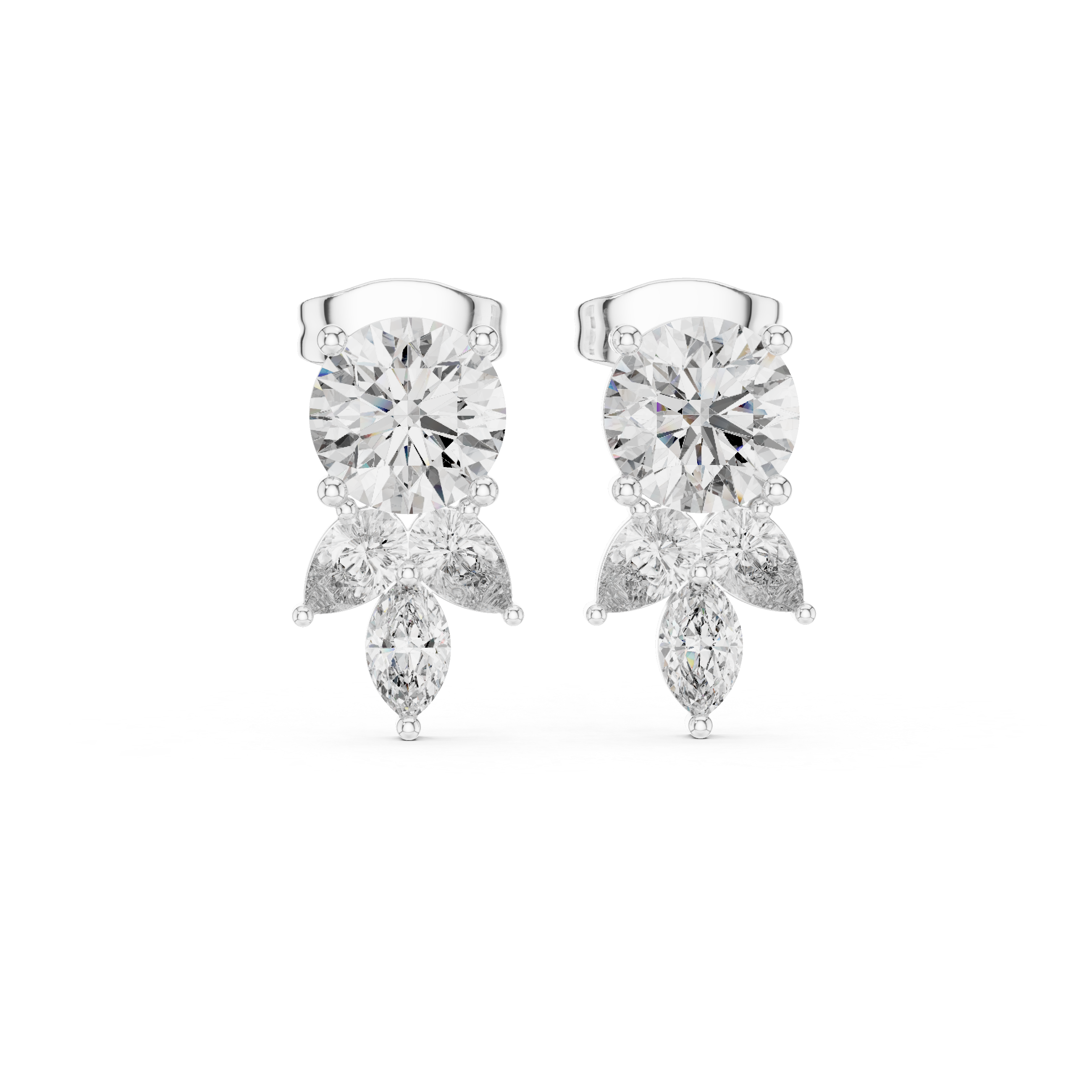Elegant Drop Diamond Stud Earrings – Round & Marquise Cluster Design