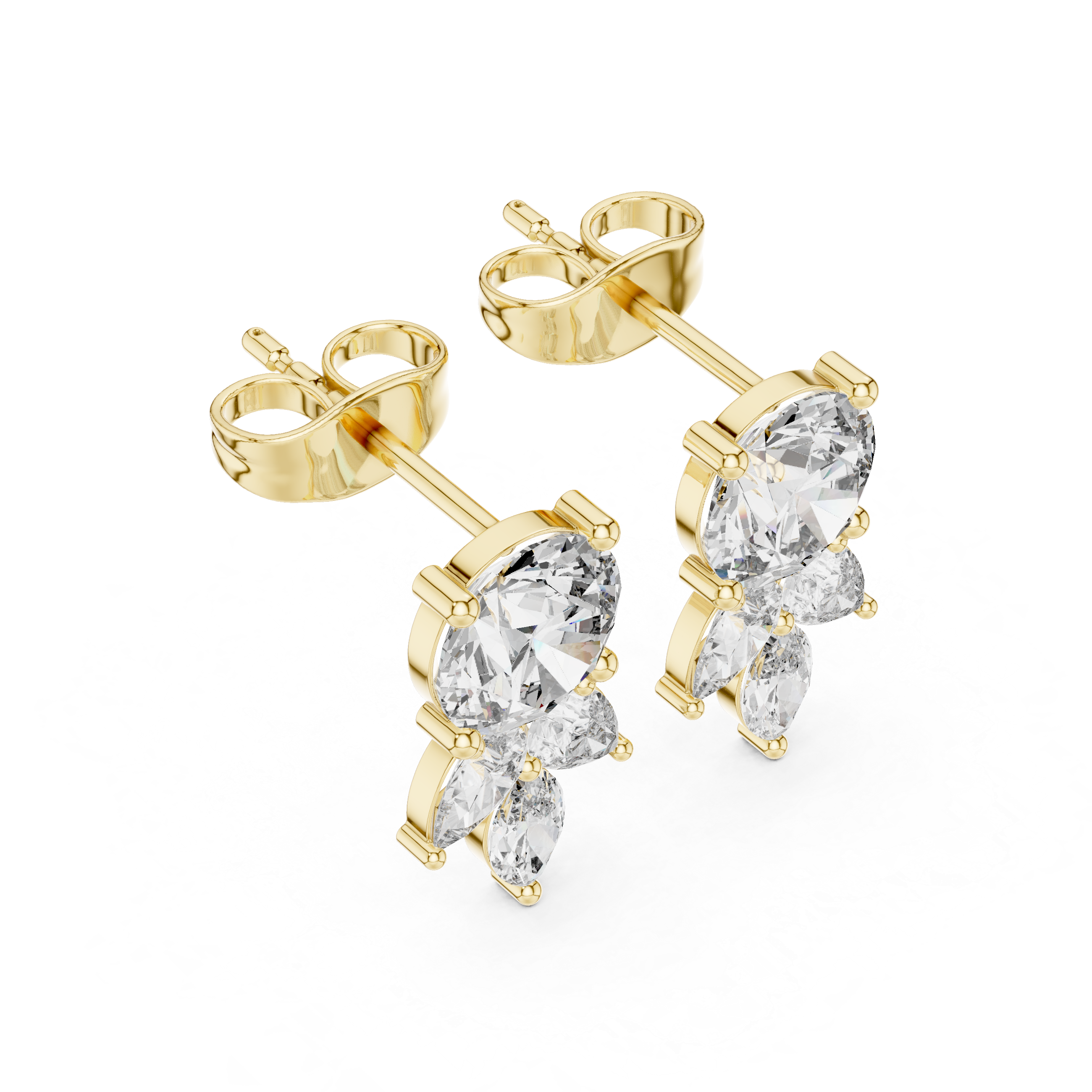 Elegant Drop Diamond Stud Earrings – Round & Marquise Cluster Design