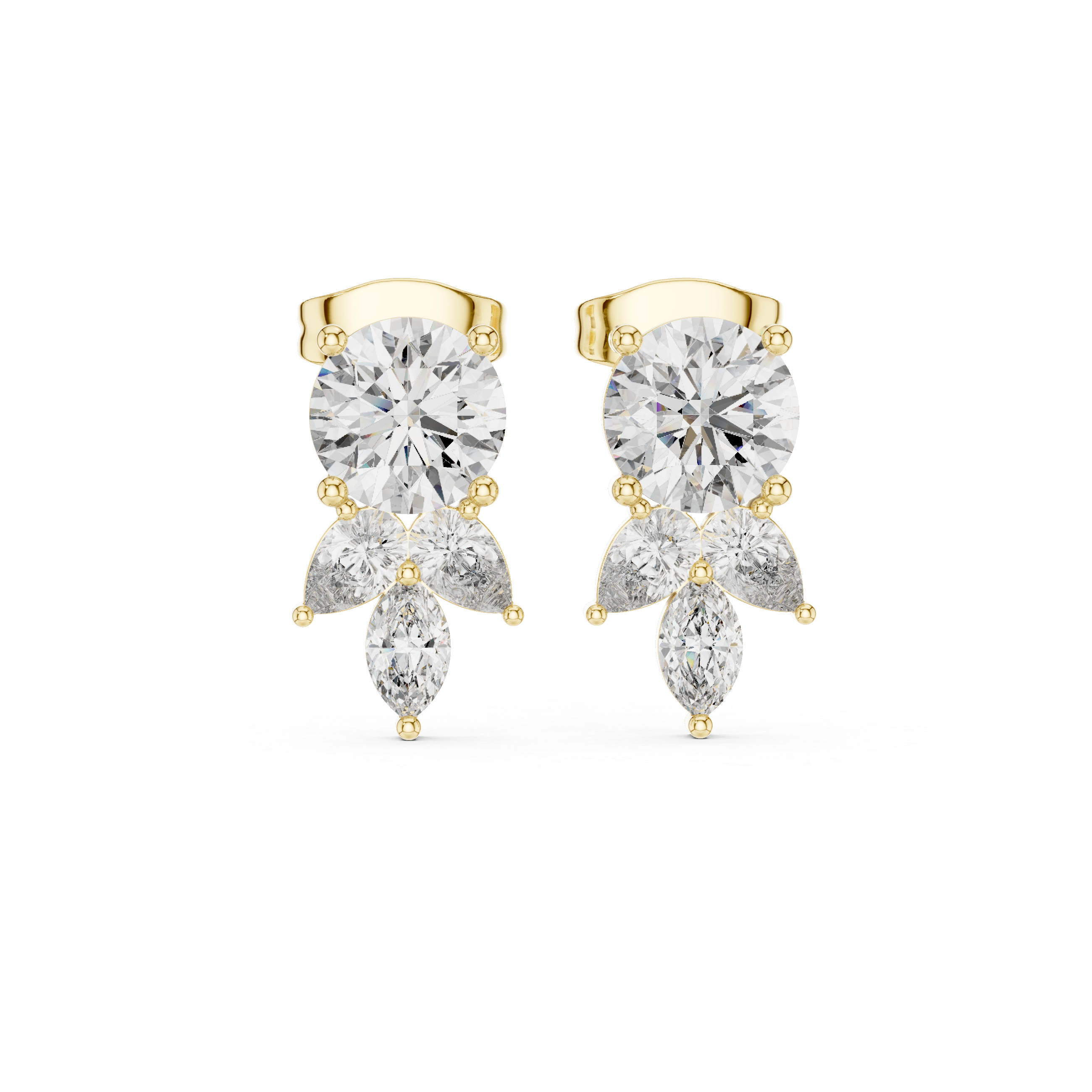 Elegant Drop Diamond Stud Earrings – Round & Marquise Cluster Design