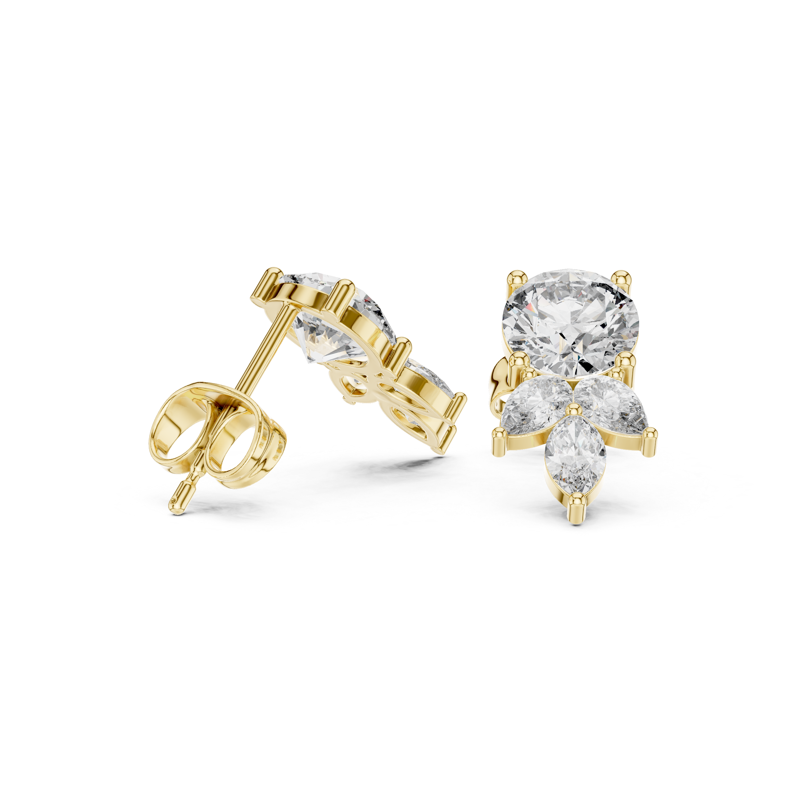 Elegant Drop Diamond Stud Earrings – Round & Marquise Cluster Design