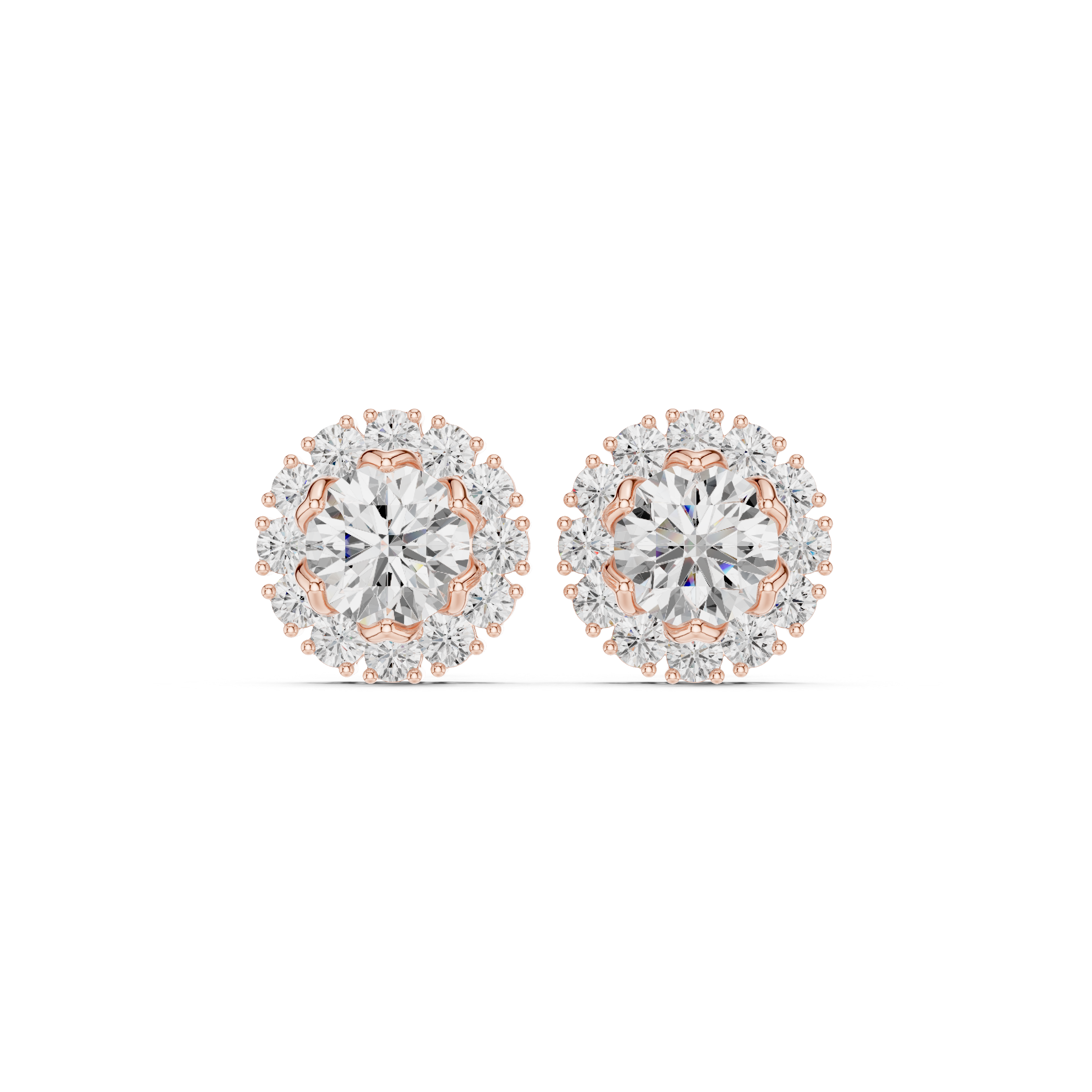 Round Diamond Halo Stud Earrings – Classic Floral Cluster Design