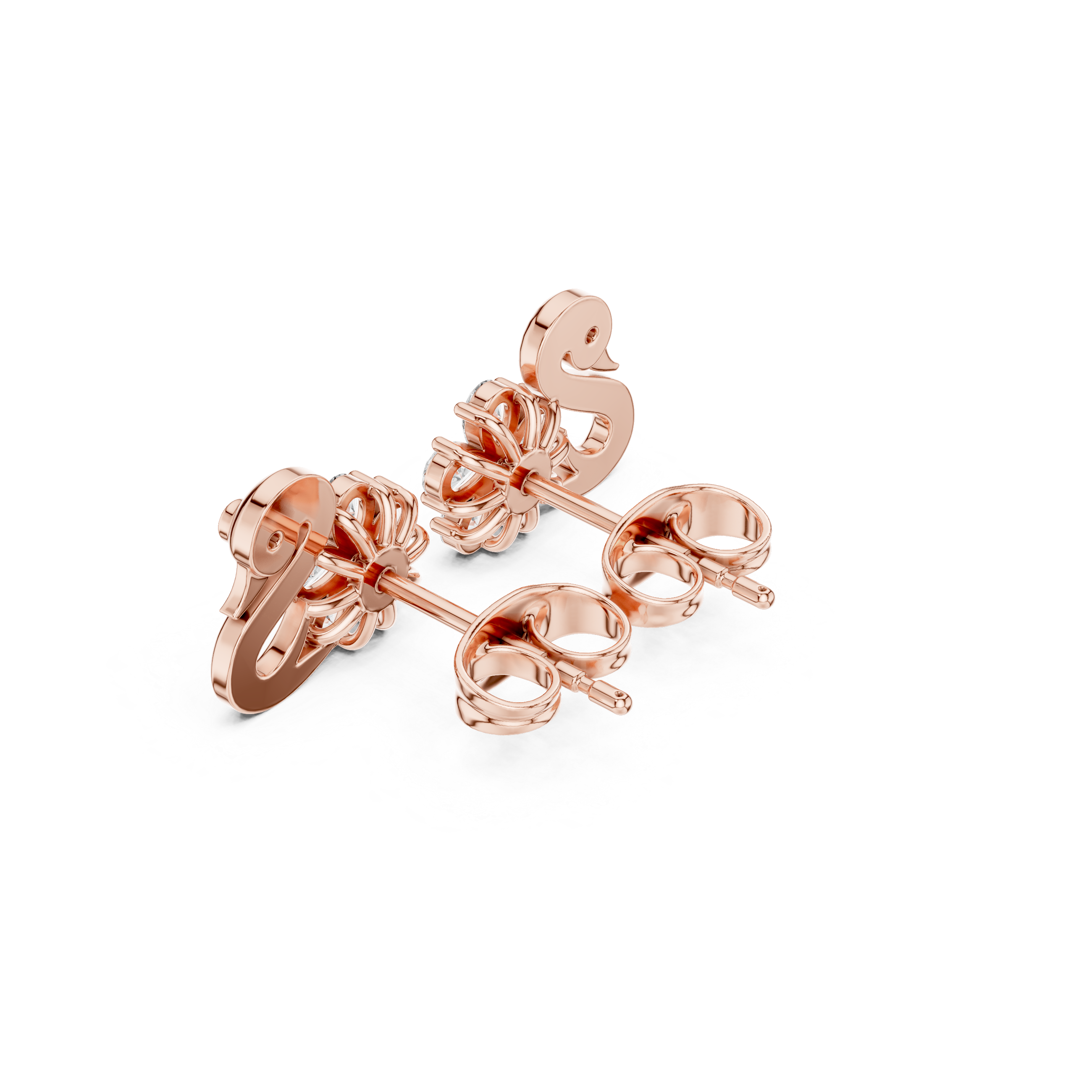 Swan Motif Diamond Flower Stud Earrings