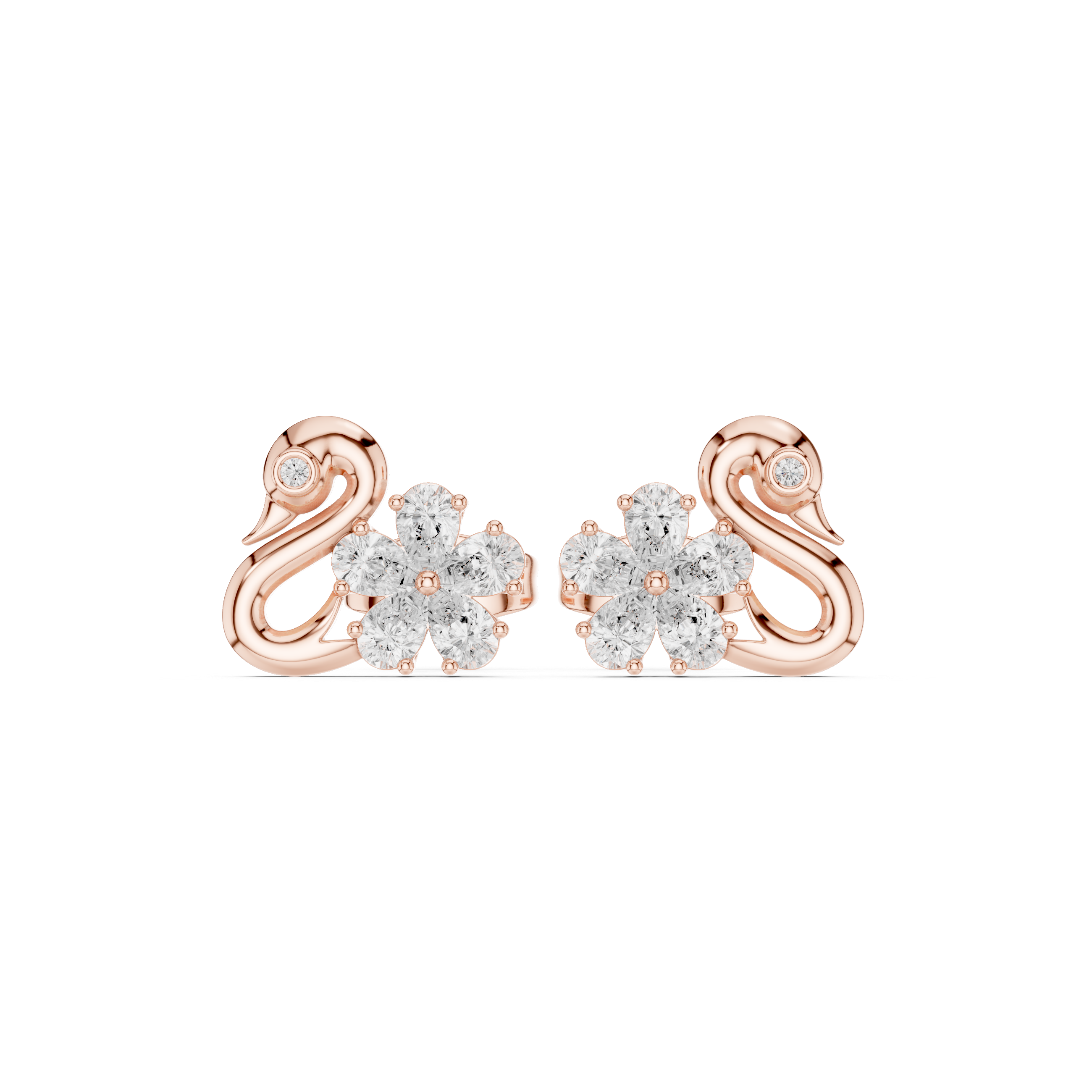 Swan Motif Diamond Flower Stud Earrings