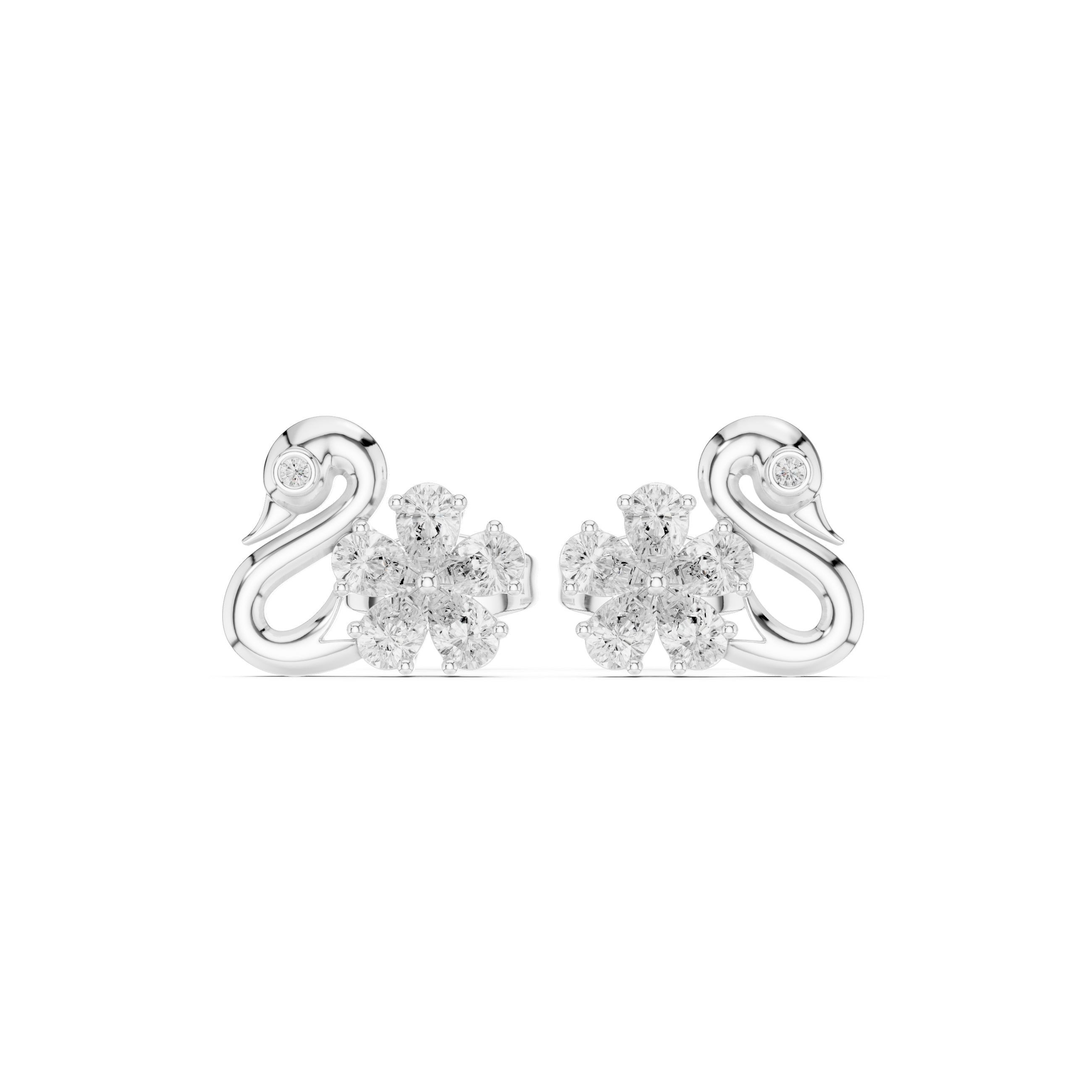 Swan Motif Diamond Flower Stud Earrings