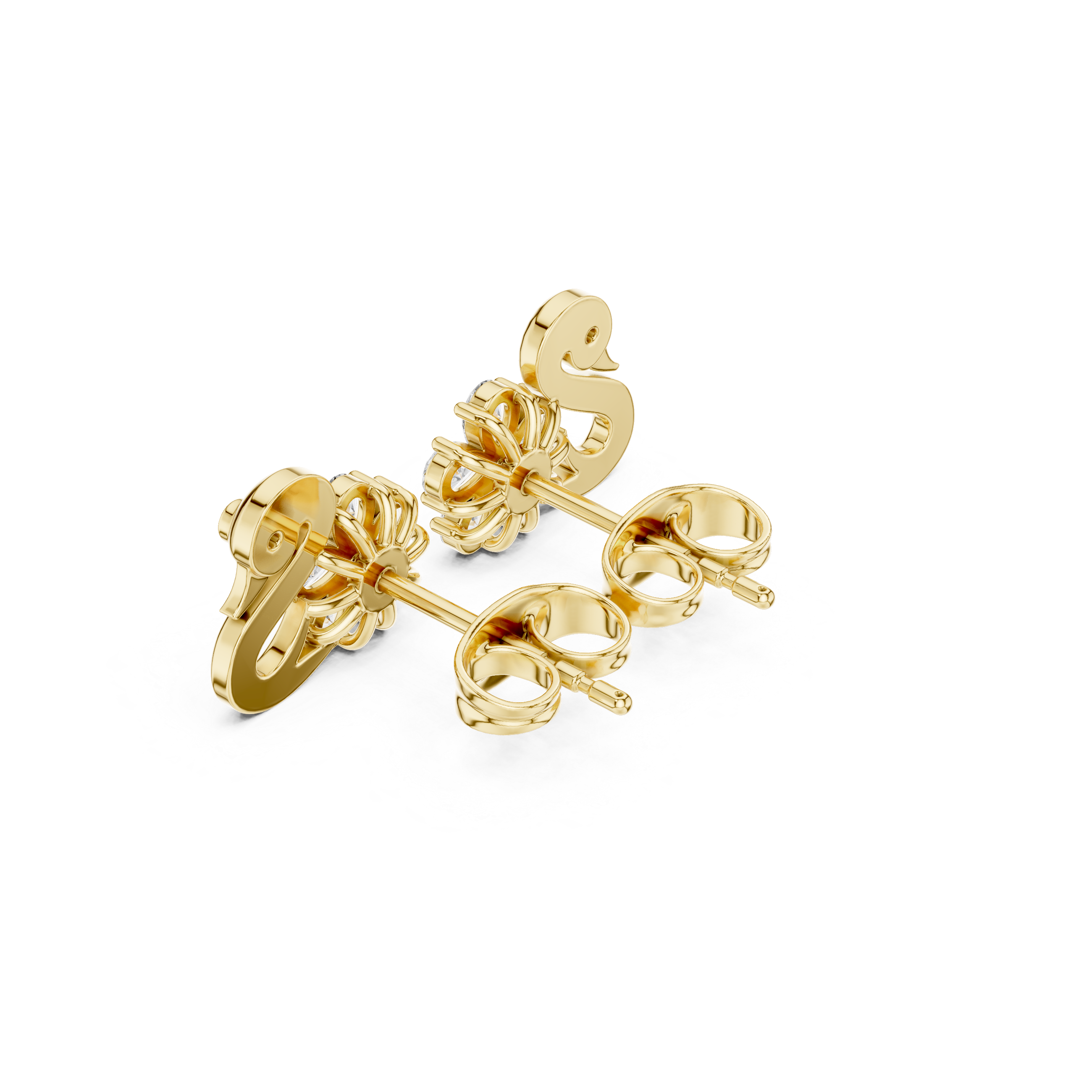 Swan Motif Diamond Flower Stud Earrings