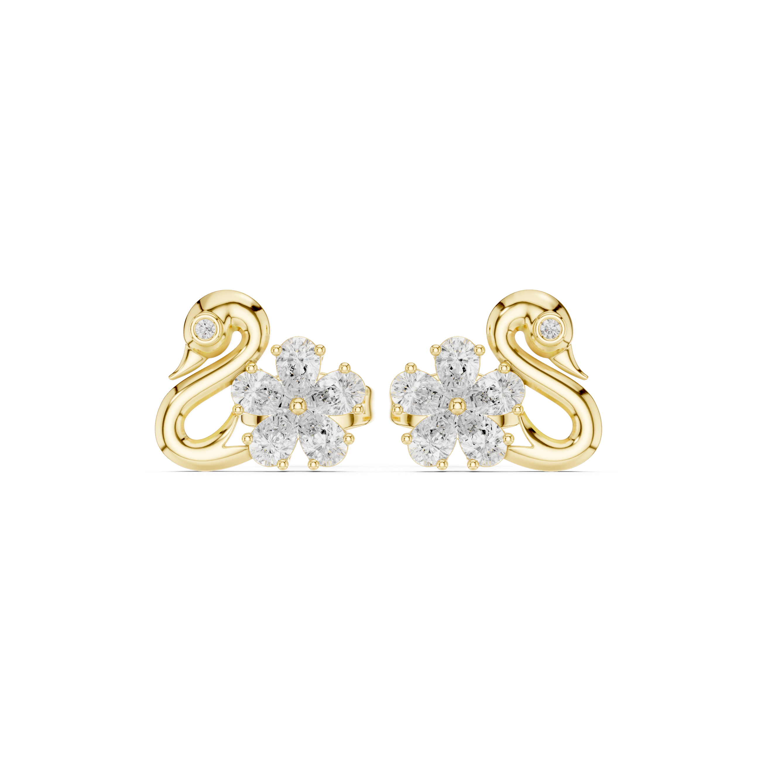 Swan Motif Diamond Flower Stud Earrings