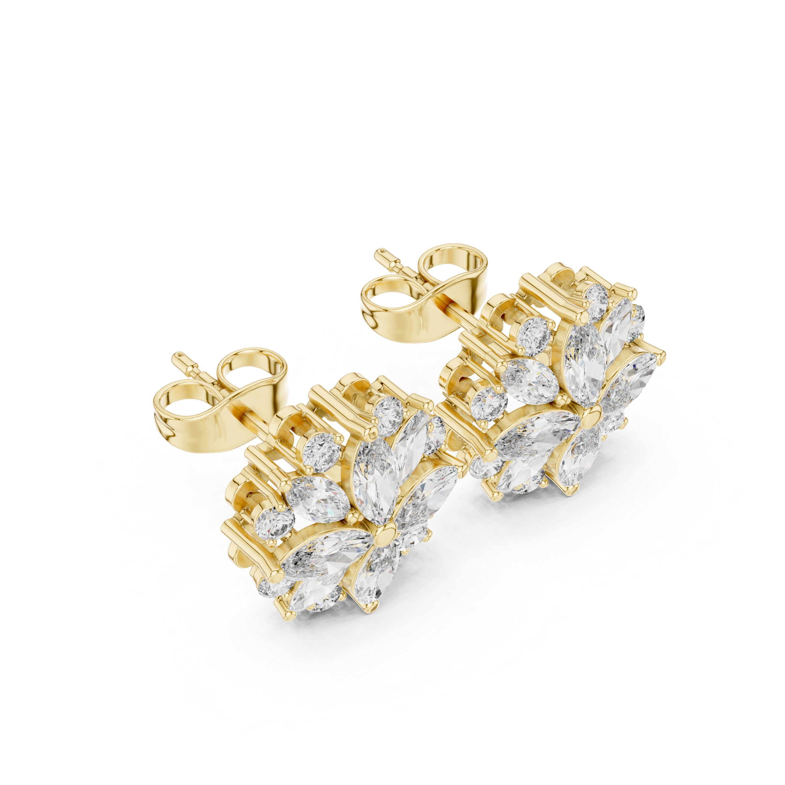 Elegant Floral Diamond Stud Earrings – Marquise & Round Cluster Design