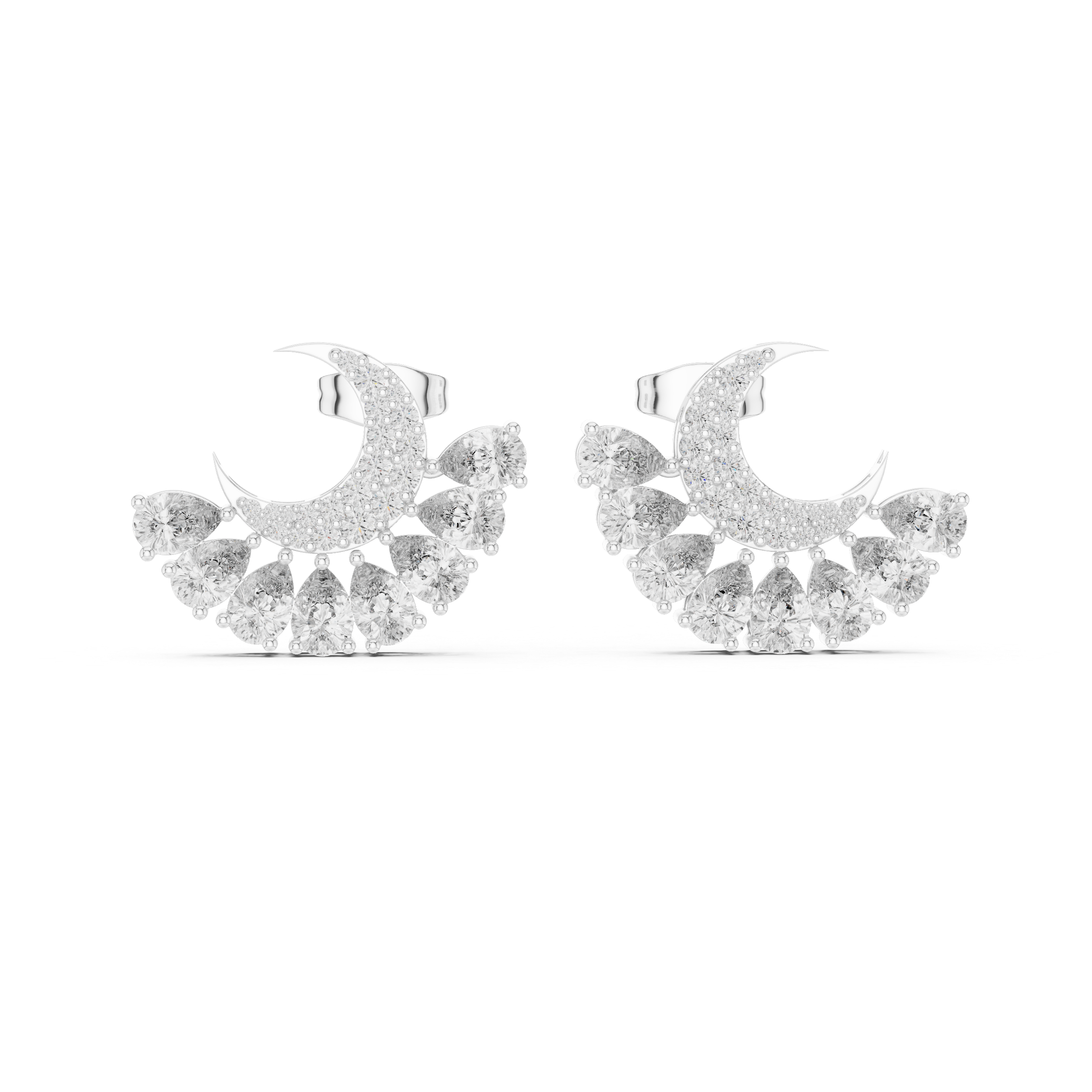 Crescent Moon Diamond Earrings – Pear Drop Cluster with Pavé Detail